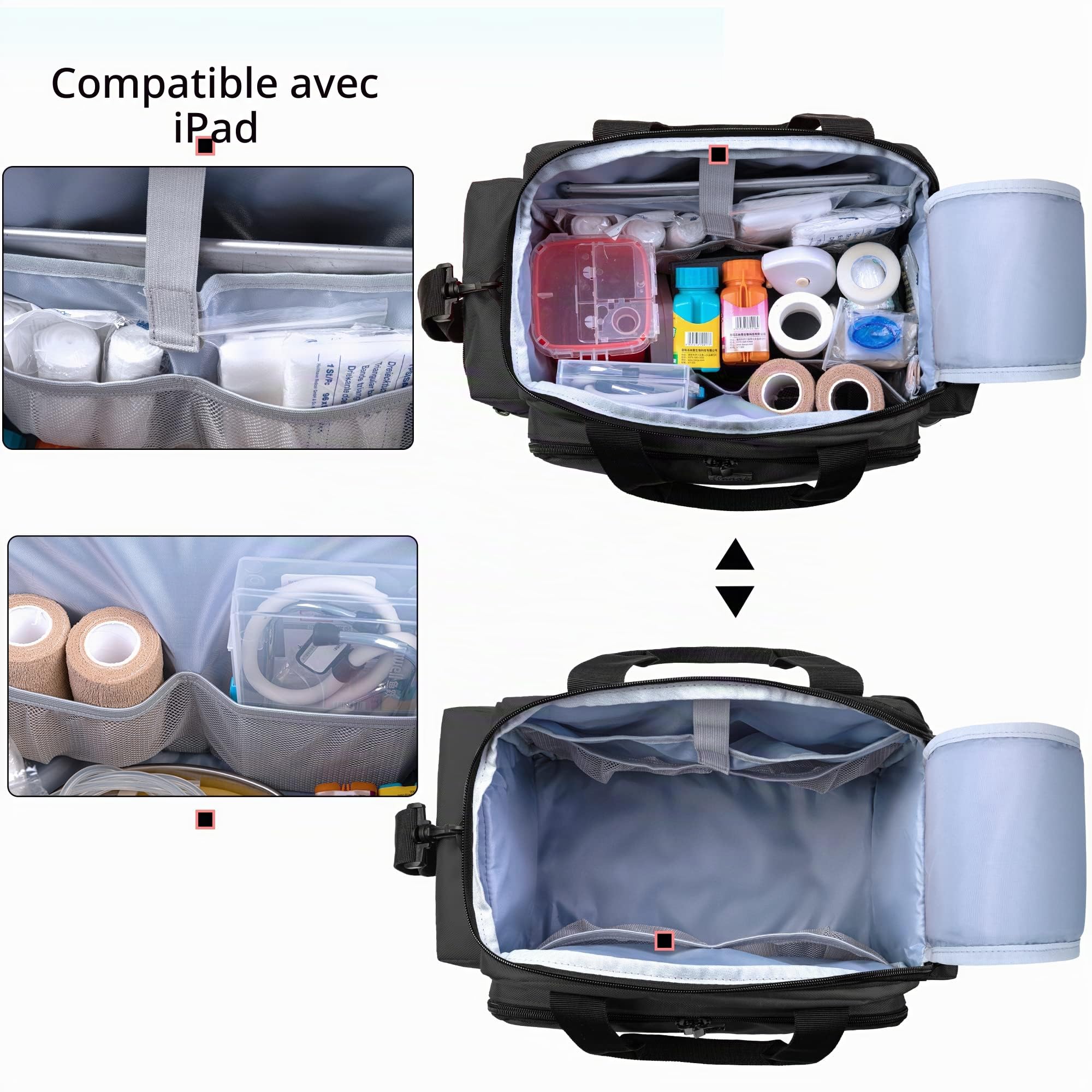 Trunab Sac Médical, Sac Infirmière, Malette Infirmiere Liberale avec Bande Réfléchissante pour Visite à Domicile en Portant Fournitures Médicales avec Nombreuses Poches pour Étudiant Infirmière, Noir