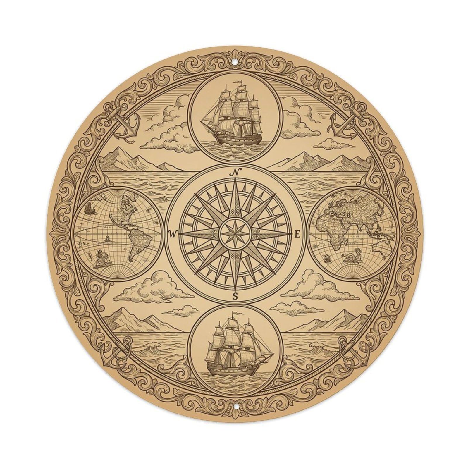 Vintage Nautical Compass World Map Starboard Path Metal Tin Sign