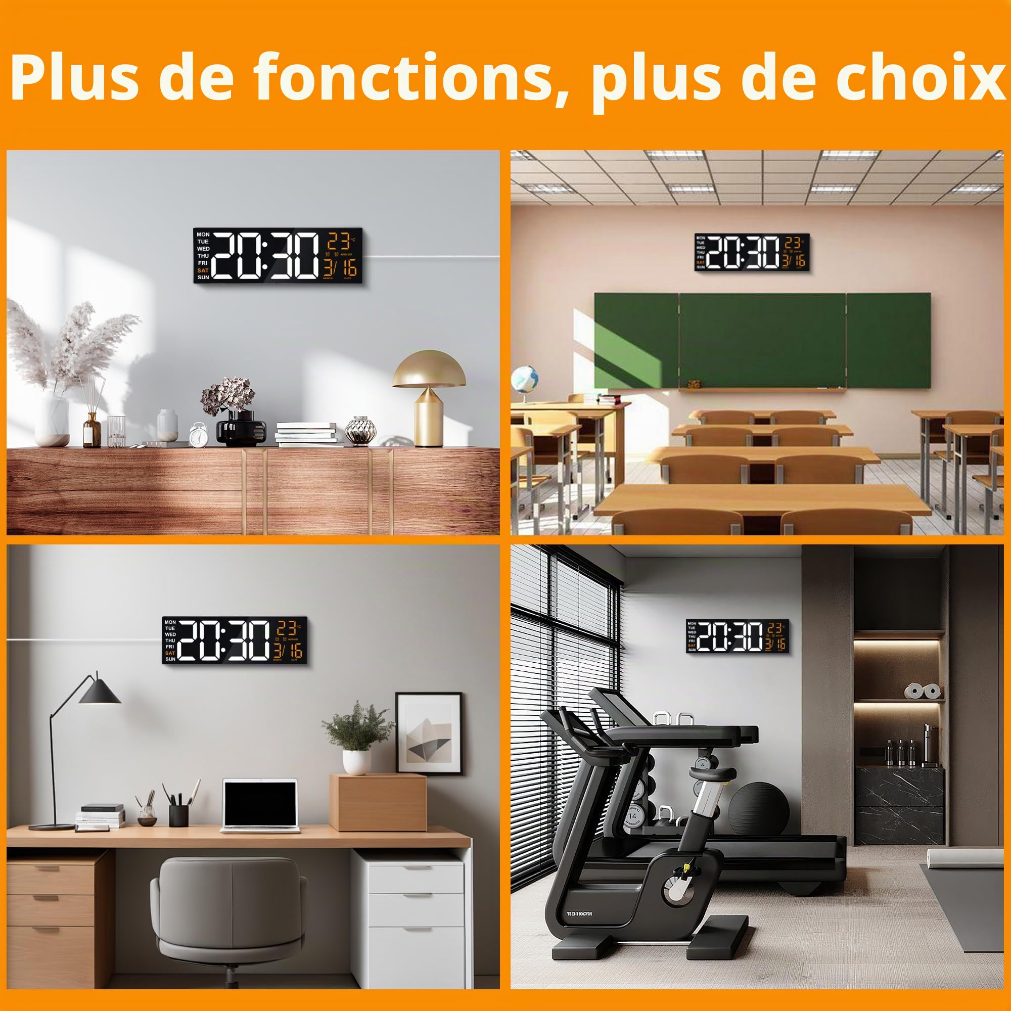 Maxstar 16 "Grande Horloge Murale numérique avec 8 Affichage à LED RVB et télécommande,Double alarmes,DST,température,Date,lumière de Nuit pour Chambre/Bureau/Salon/Boutique/Gym/Salle de Jeux