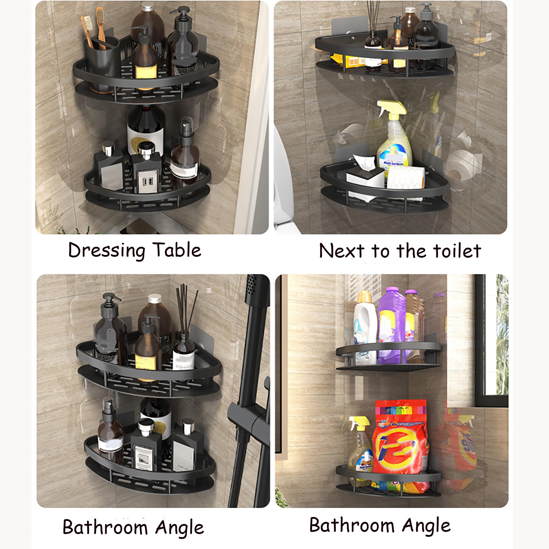 Mensole per Doccia Mensole per Bagno Mensole per Doccia angolari Mensola per Doccia in Acciaio Inox da Parete Organizer Senza Foratura Mensola per Doccia Cestino portaoggetti,Nero,B