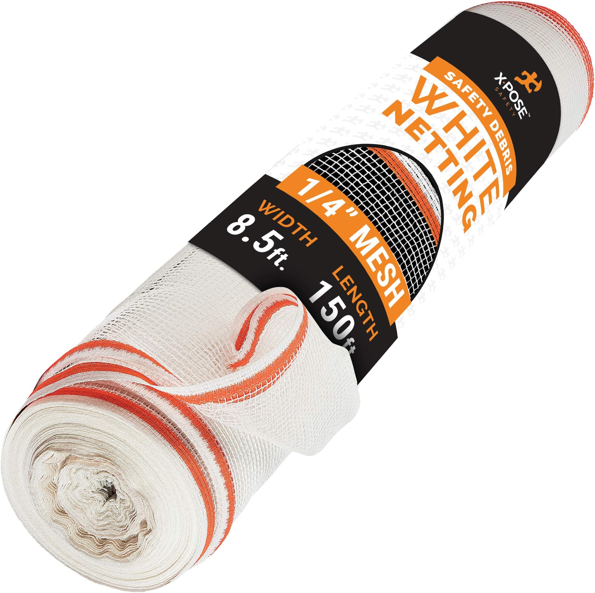 Xpose Safety Construction Safety Netting – 8.5' x 150', 1/4" Mesh Scaffold Safety Net, Temporary Material Roll, Visibility Fence, Heavy-Duty Fire Retardant, White
