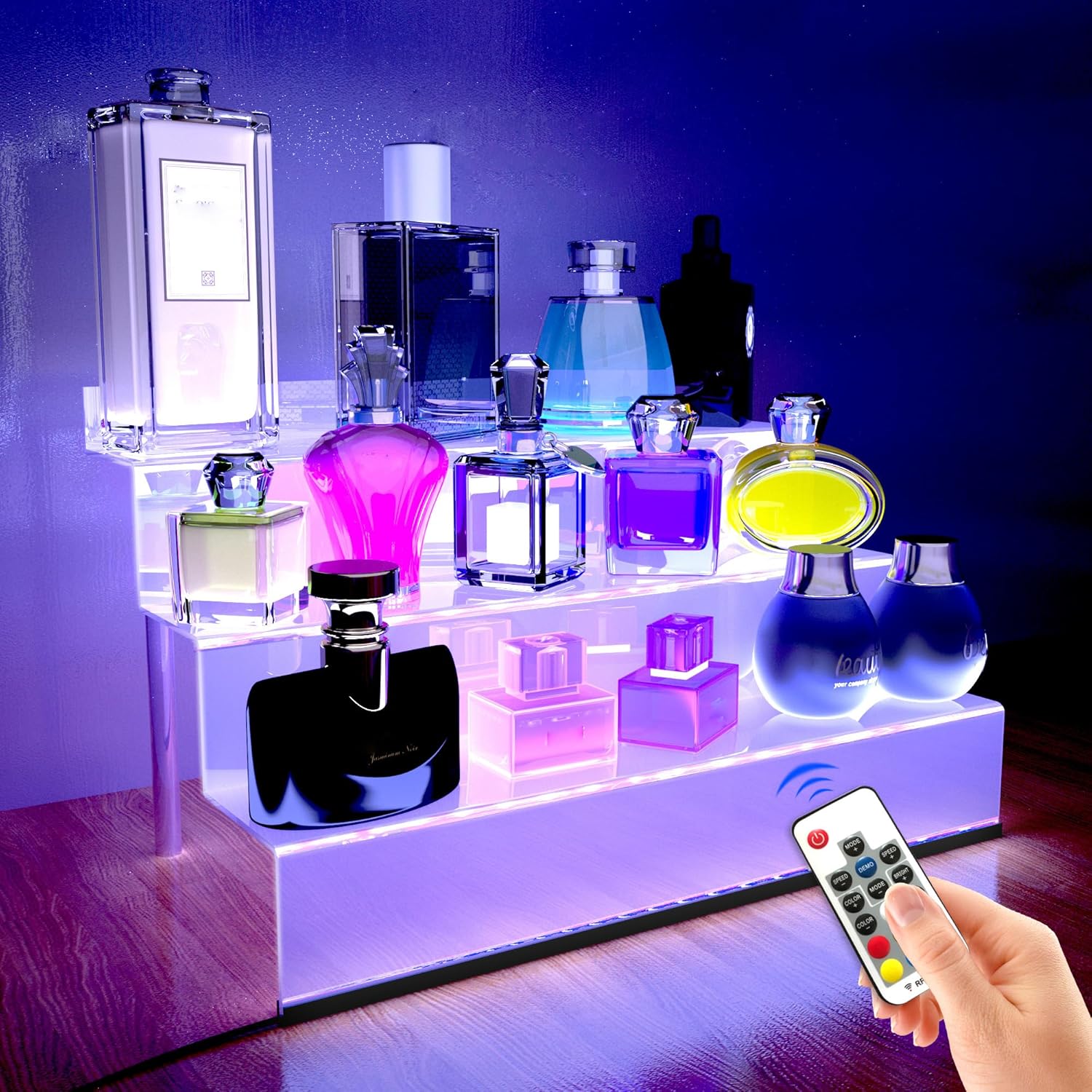 12 IN Clear Acrylic Display Riser Shelf with LED light,3 Tier Display Step Shelves Holder, Perfume Cologne Organizer Holder,Pops Toys Figures, Clear Cupcake Riser, Dessert Shelf, Decoration on 12 IN Clear Acrylic Display Riser Shelf with LED light,3 Tier Display Step Shelves Holder, Perfume Cologne Organizer Holder,Pops Toys Figures, Clear Cupcake Riser, Dessert Shelf, Decoration on