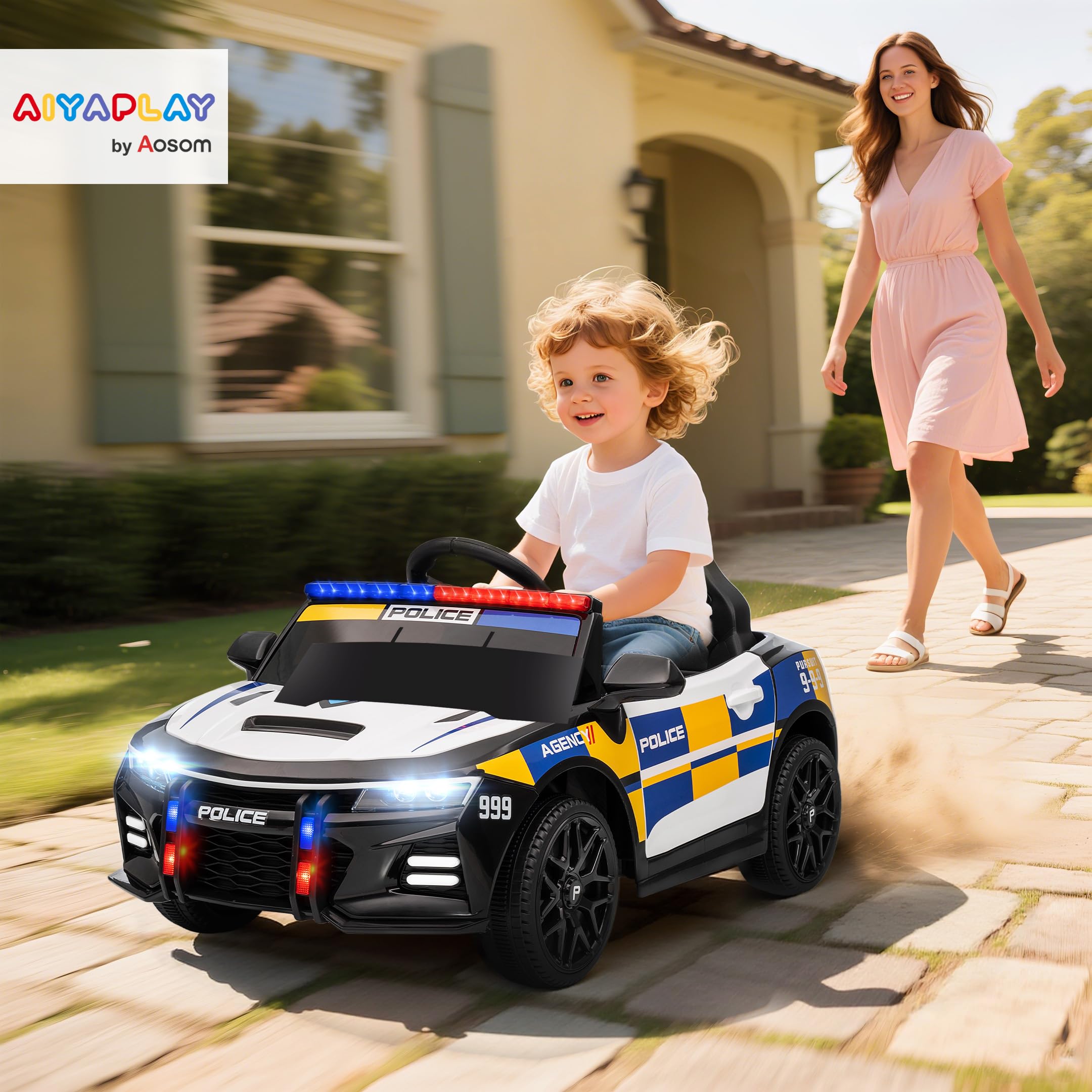 AIYAPLAY Coche Eléctrico Policía 12V para Niños +3 Años con Mando a Distancia 2,4G, Luces, Sirena, Música, USB, Suspensión