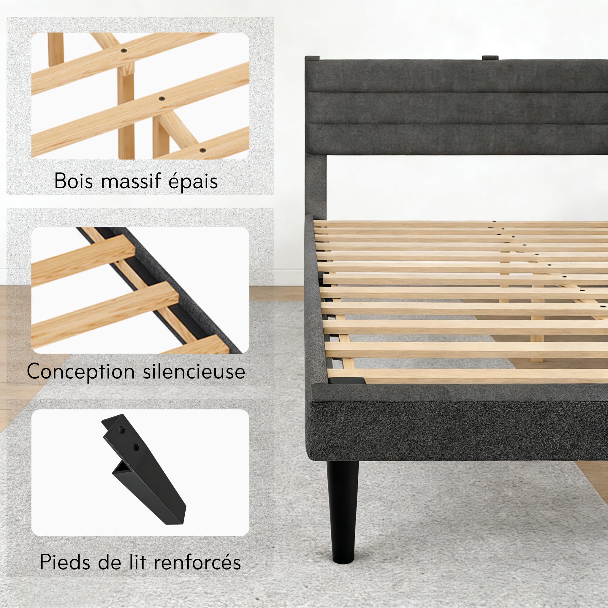 LEADZM Lit 2 Personnes 140×200cm Cadre sommier Lattes