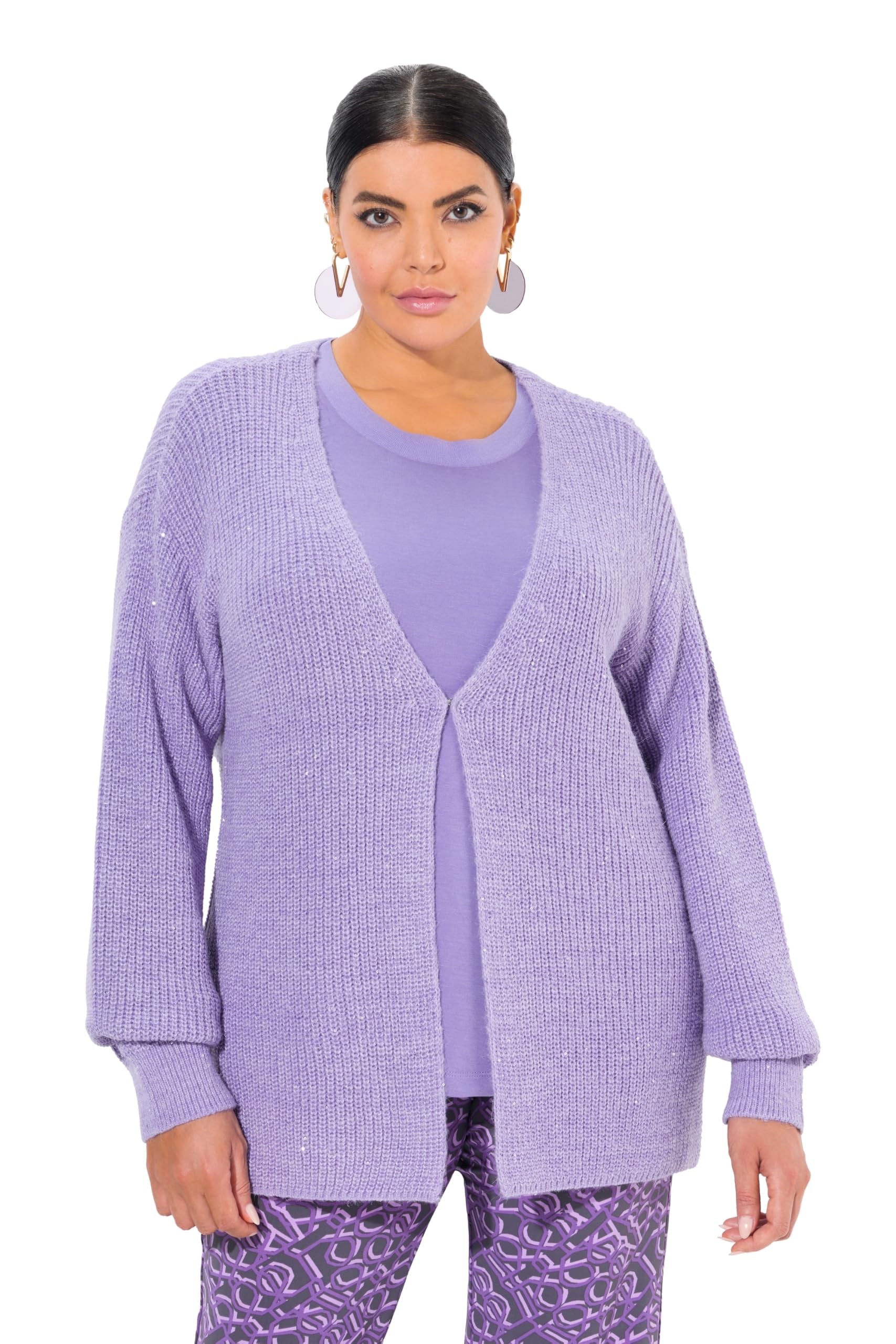 Ulla Popken Damen große Größen Übergrößen Plus Size Strickjacke, Pailletten, Oversized, Rippstrick, V-Ausschnitt 835550