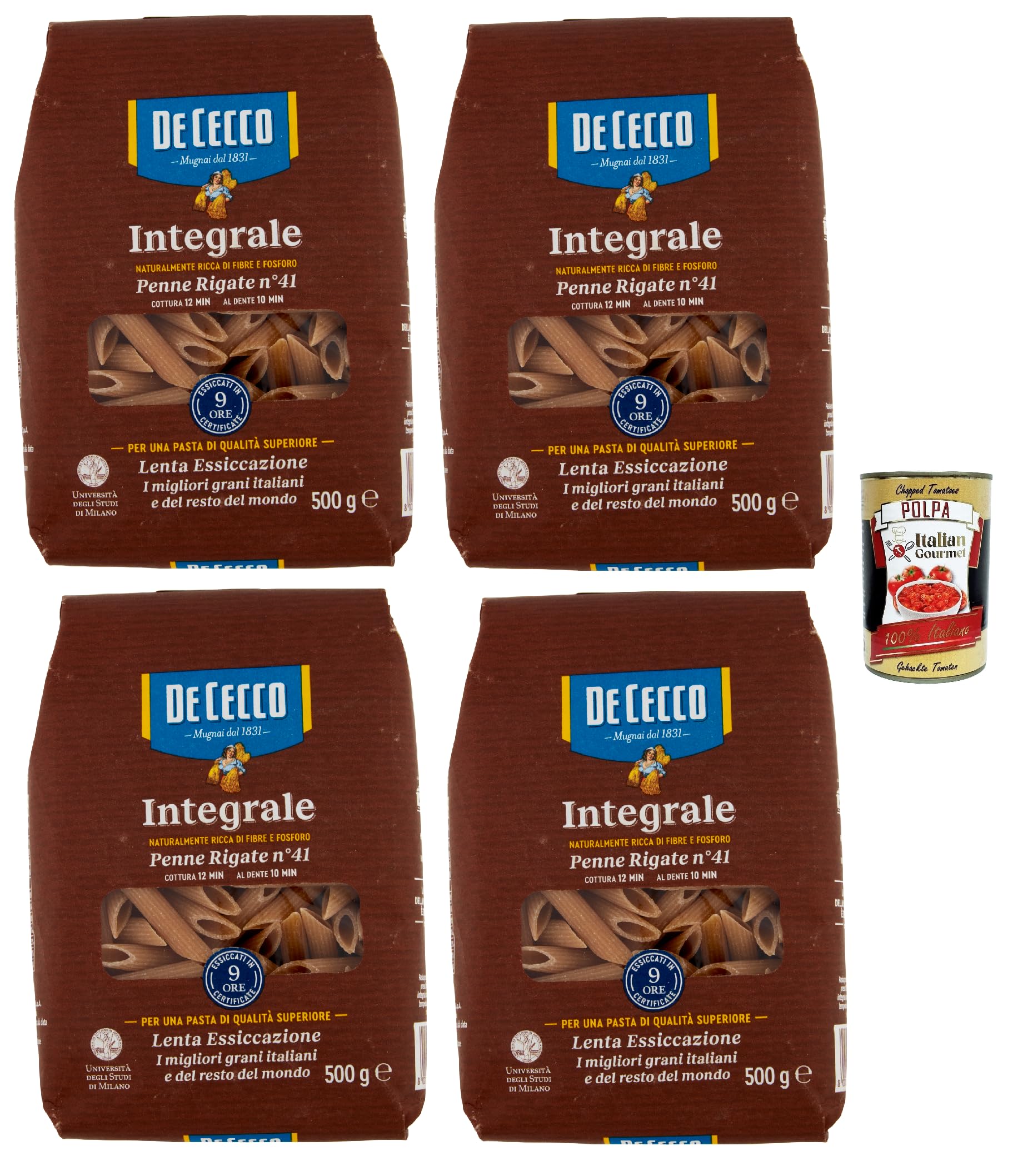 De Cecco Pasta Integral Penne Rigate n°41 – 4 x 500 g – Trigo completo italiano, rico en fibras, secado lento, cocción 12 min (10 min al dente)+ Italian Gourmet polpa 400g
