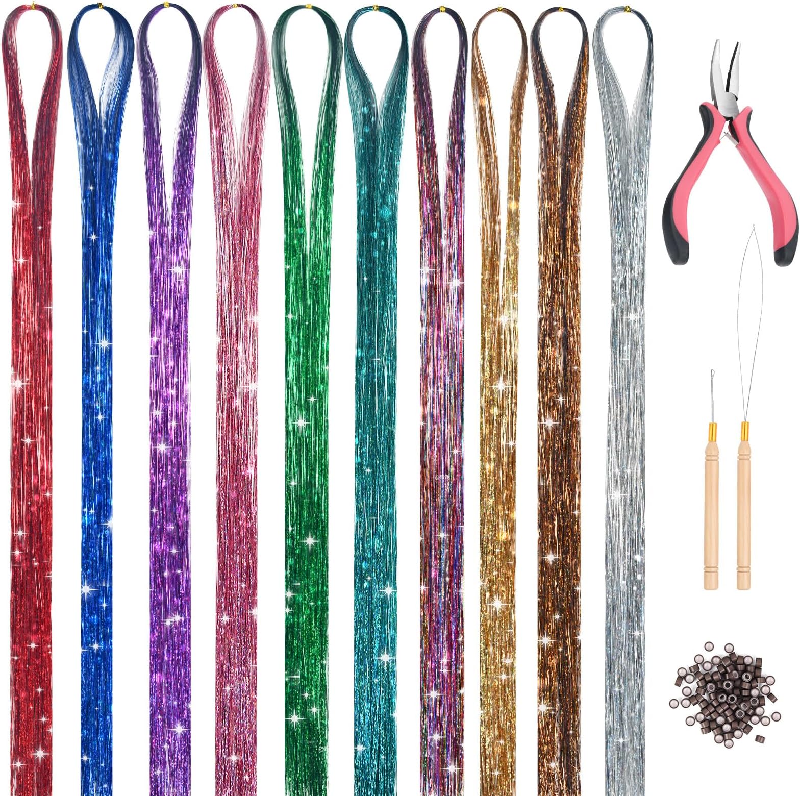 Hair Tinsel Kit,10 Colors 2000 Strands Glitter Tinsel Hair Extensions,Microlink Plier Tool 38inch Fairy Hair Tinsel Kit for Girls Women Christmas New Year Halloween Daily Party