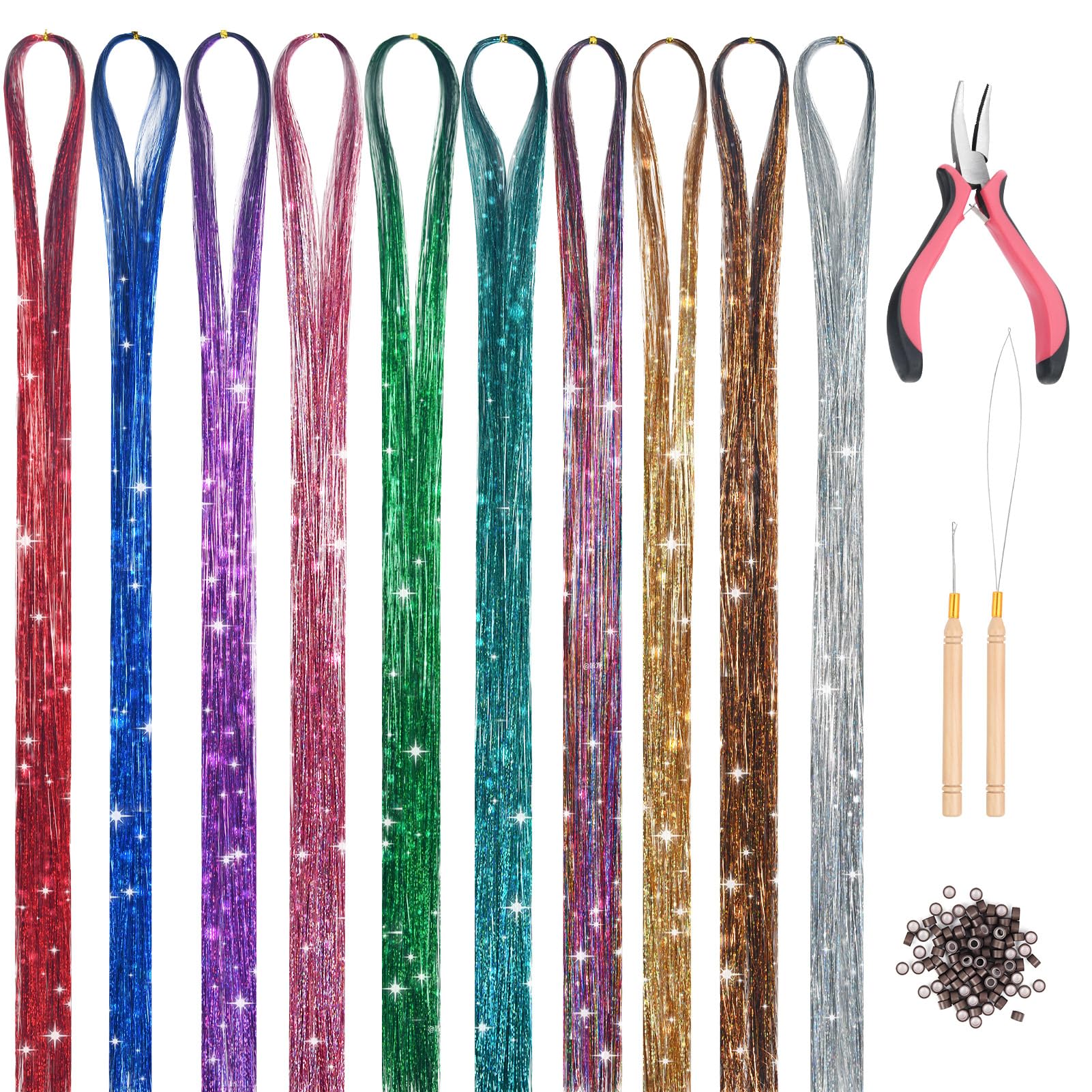 Hair Tinsel Kit,10 Colors 2000 Strands Glitter Tinsel Hair Extensions,Microlink Plier Tool 38inch Fairy Hair Tinsel Kit for Girls Women Christmas New Year Halloween Daily Party