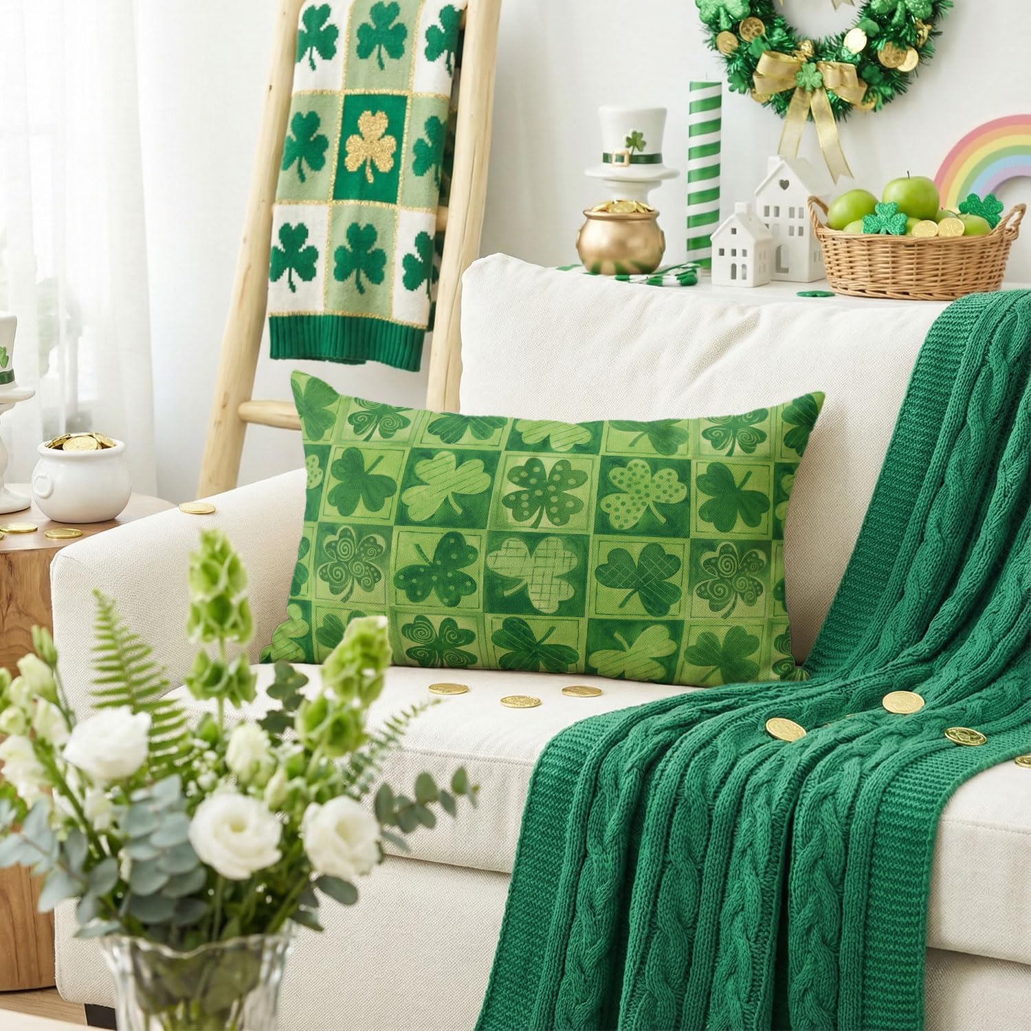 AVOIN colorlife St Patricks Day Clover Polka Dot Green Throw Pillow Cover, 12 x 20 Inch Check Shamrock Cushion Case Decoration for Sofa Couch - Image 2