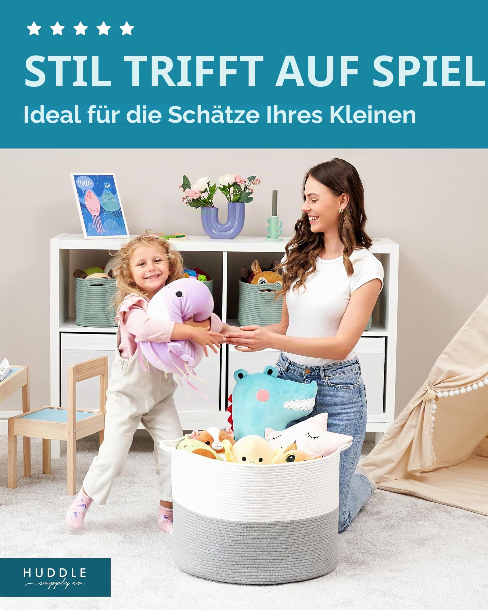 Waschbarer Jumbo-Deckenkorb in Größe 4XL, 125 l, gewebter dekorativer Korb aus Baumwollseil mit Griffen für Wäsche, Wohnzimmer, Babyspielzeug, Kinderzimmer, Aufbewahrung, 61 x 43,2 cm (Grau & Weiß)