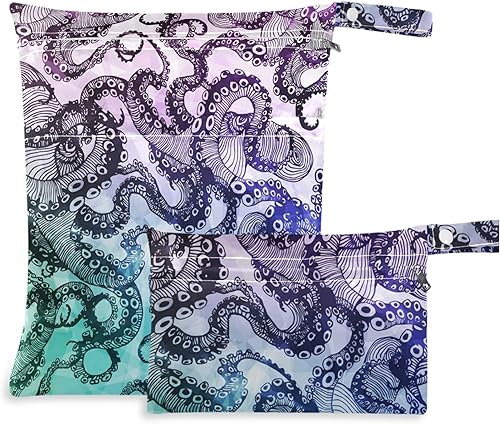 visesunny Abstract Octopus Hipster - 2 bolsas húmedas con bolsillos con cremallera, lavable, reutilizable, espaciosa, bolsa de pañales para viajes,