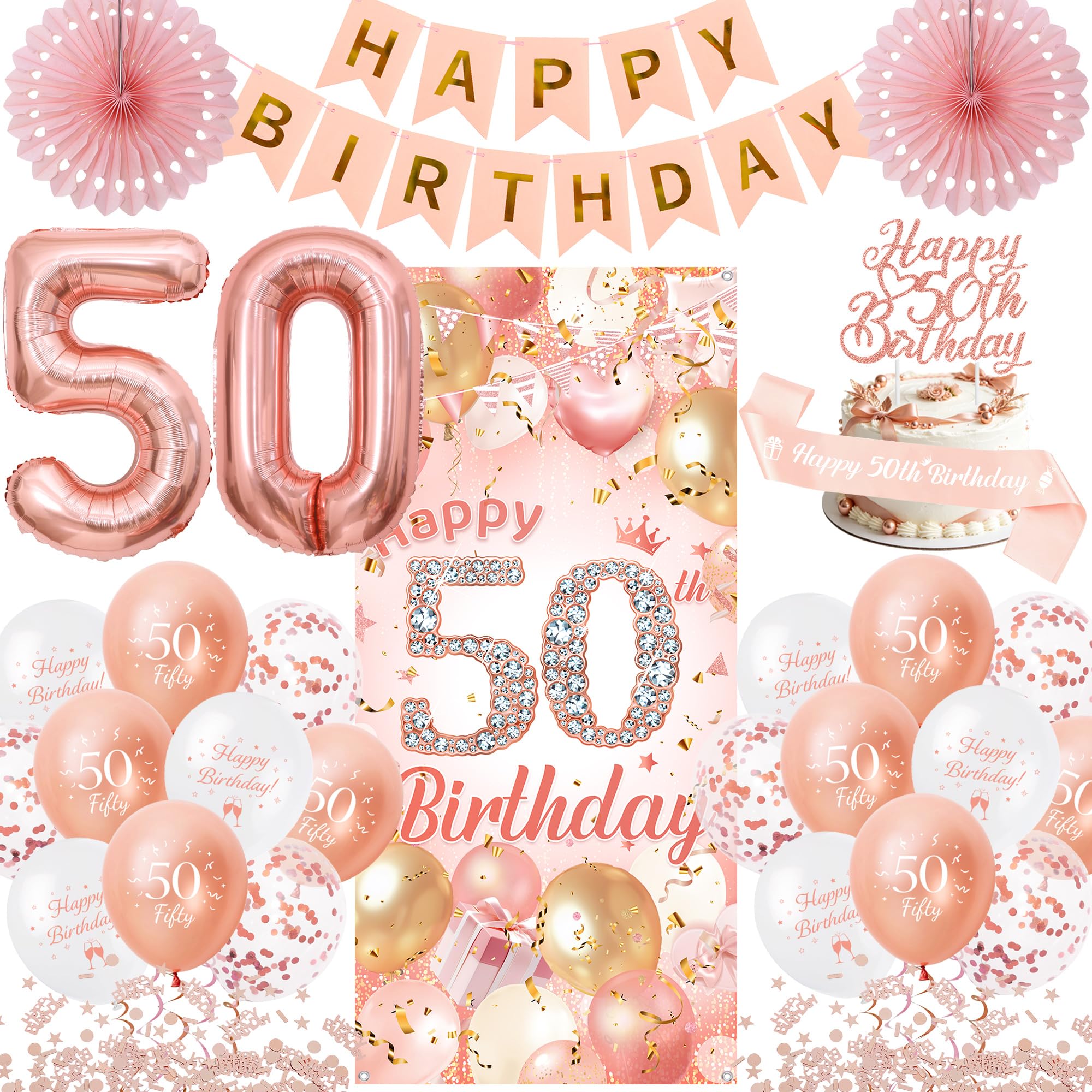 Flerramao 50th Birthday Decorations for Women, Happy 50th Banner Set