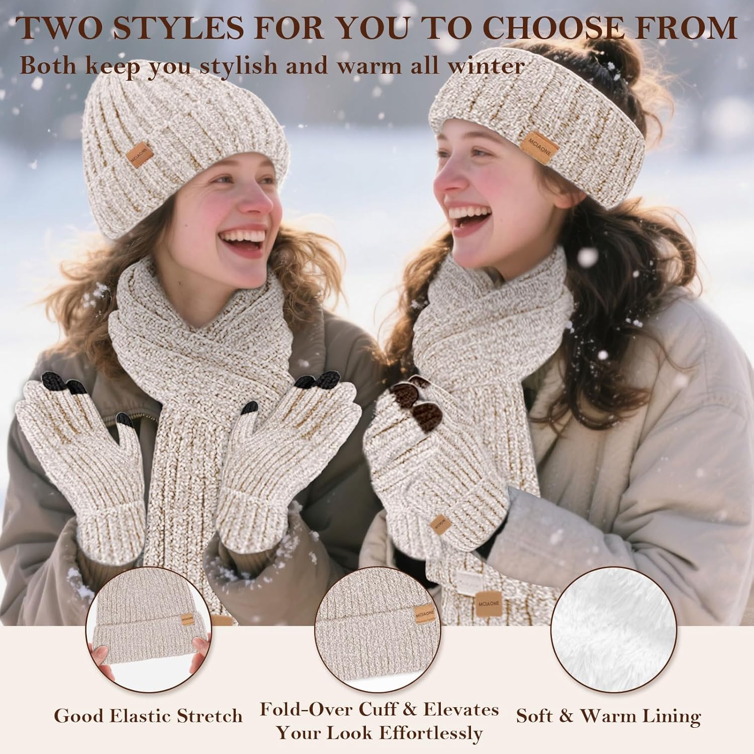 Womens Winter Beanie Hat Scarf Gloves Headband Set, Chenille Men Winter Knit Hats Touchscreen Gloves Fleece Lined Knit Scarfs - Image 4