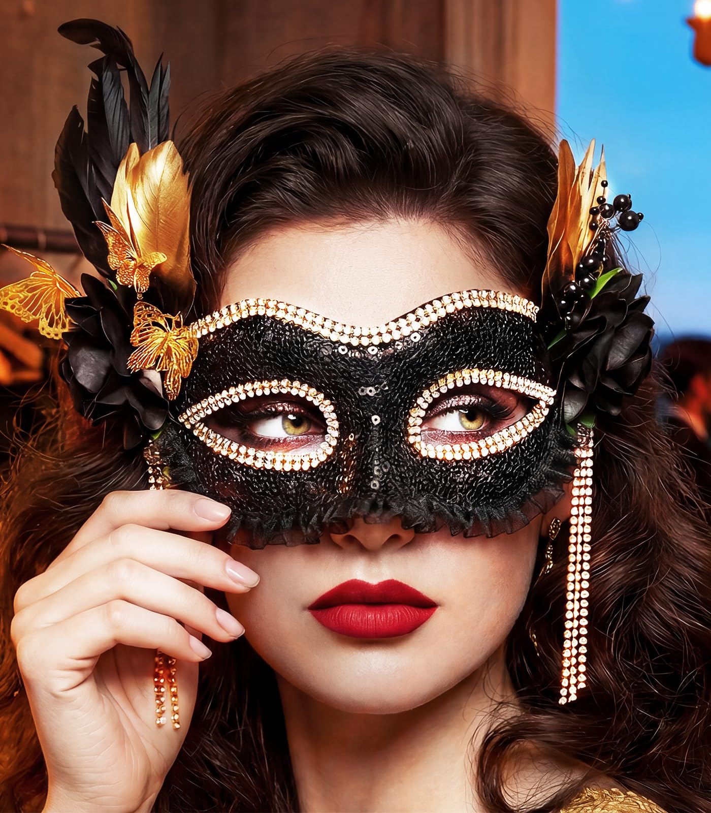 Maeaccx Black Masquerade Mask for Women, Gold Feather Ball Antifaz, Gold Butterfly Venetian Accessories