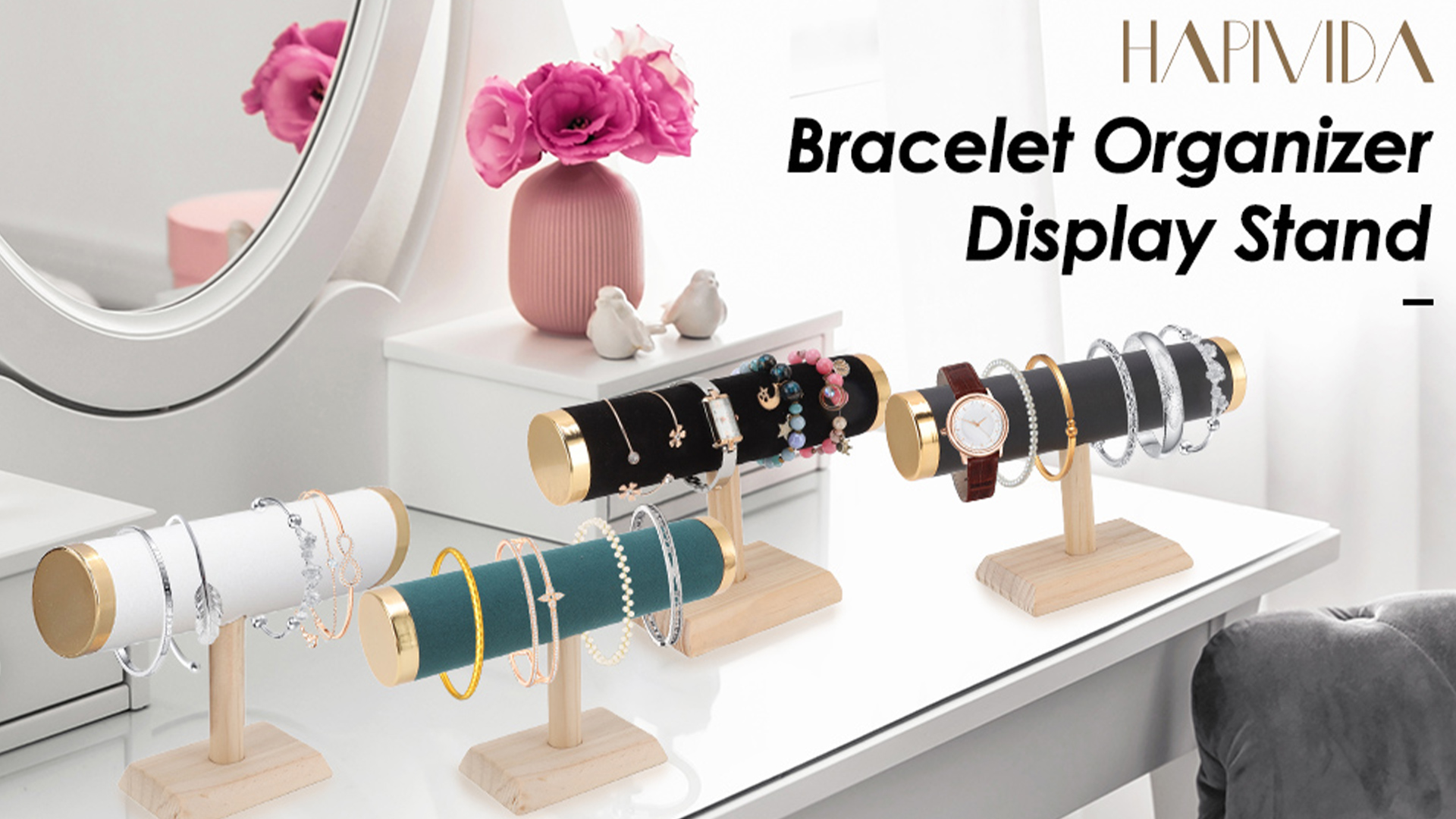 Présentoir Bracelets Hapivida T Bar - Organisateur Bijoux 23cm, Design Élégant Doré Et Blanc