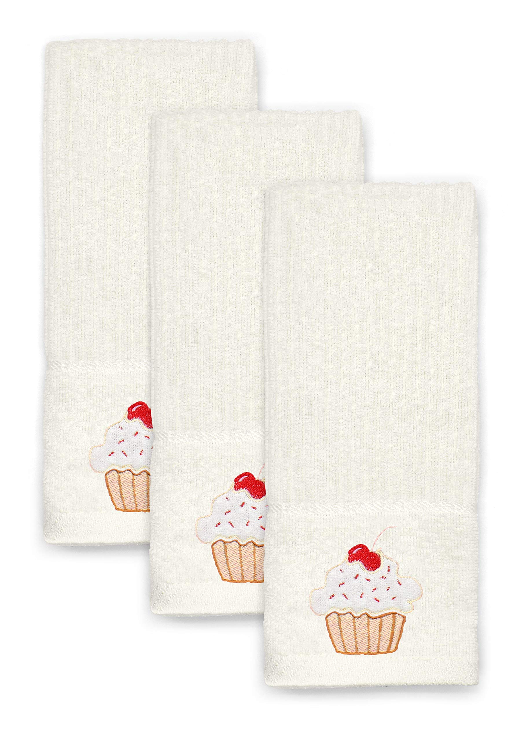Ashley Mills Woven Embroidered Tea Towels Pack of 3 Large 40 x 70cms Super Absorbent Farm Animals 5 Styles 100% Cotton (Cupcakes, Cream)