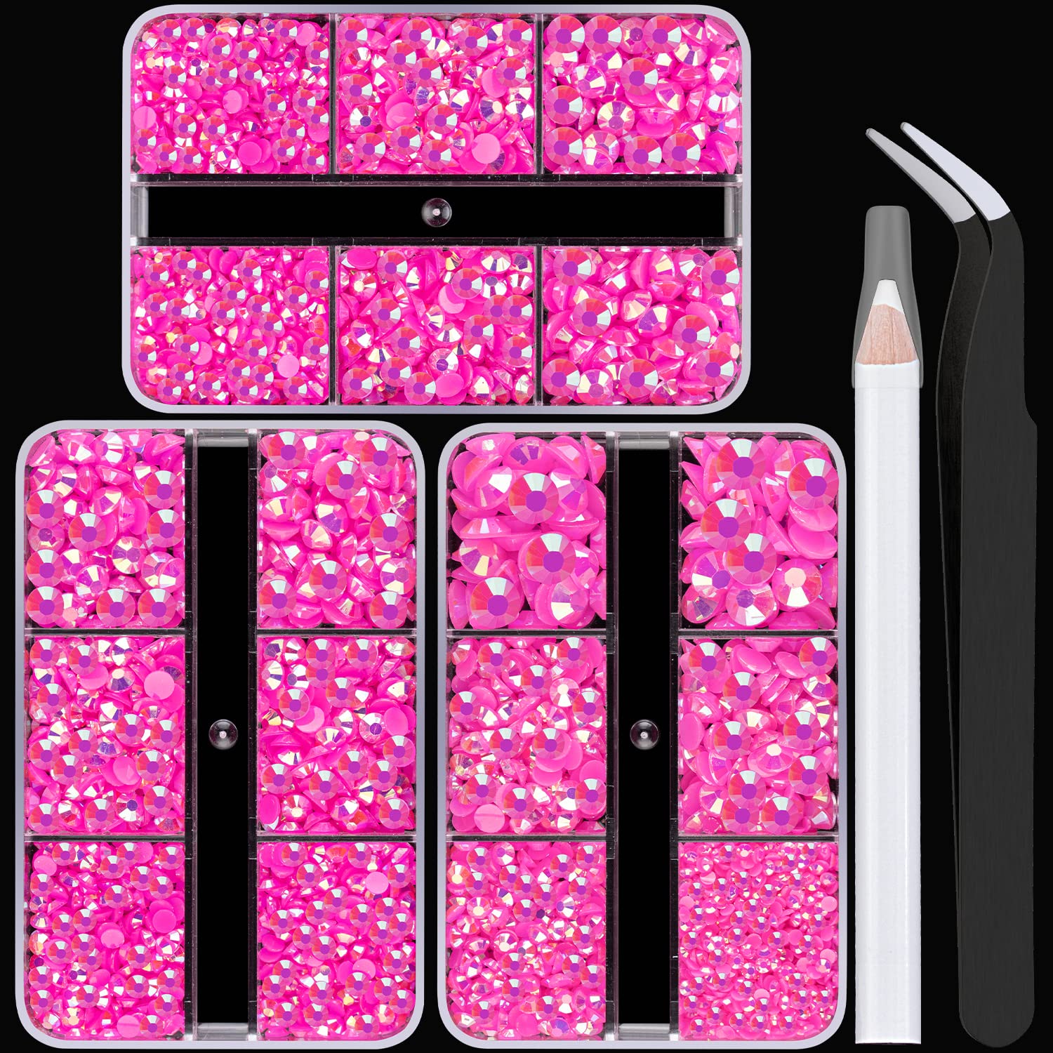 BELLEBOOST 3600PCS Resin Rhinestones Kits, 2/3/4/5/6mm Flatback Jelly Rhinestones, 3 Box Hot Pink AB Non Hotfix Crystal Gems for DIY Crafts Mugs Bottles Tumblers Clothes Makeup Nail Manicure