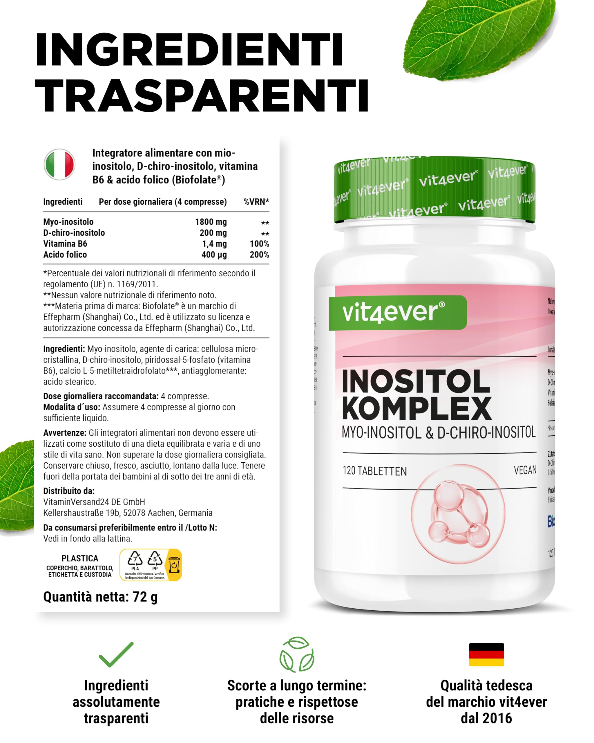 INOSITOL COMPLETO - 2000 mg di Mio & D-Chiro-Inositolo - con Vitamina B6 & Folato - per donne che desiderano avere figli - contribuisce alla normale fertilità & attività ormonale - 120 compresse