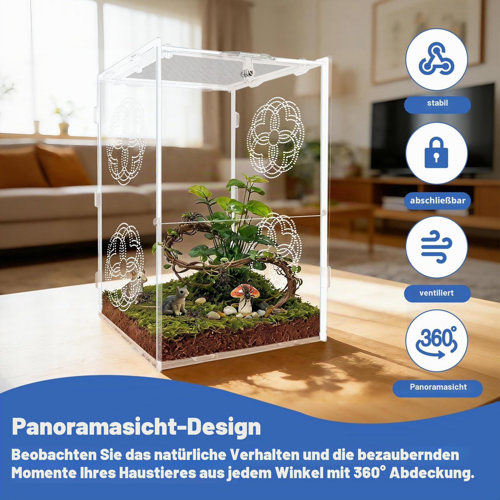 Springspinnengehege aus Acryl mit oberem Drahtgeflecht, vielseitiges Reptiliengehege für Vogelspinne, Gecko, Chamäleon, Käfer und Mantis, hochtransparentes Einsiedlerkrebsentank, Reptilienzubehör