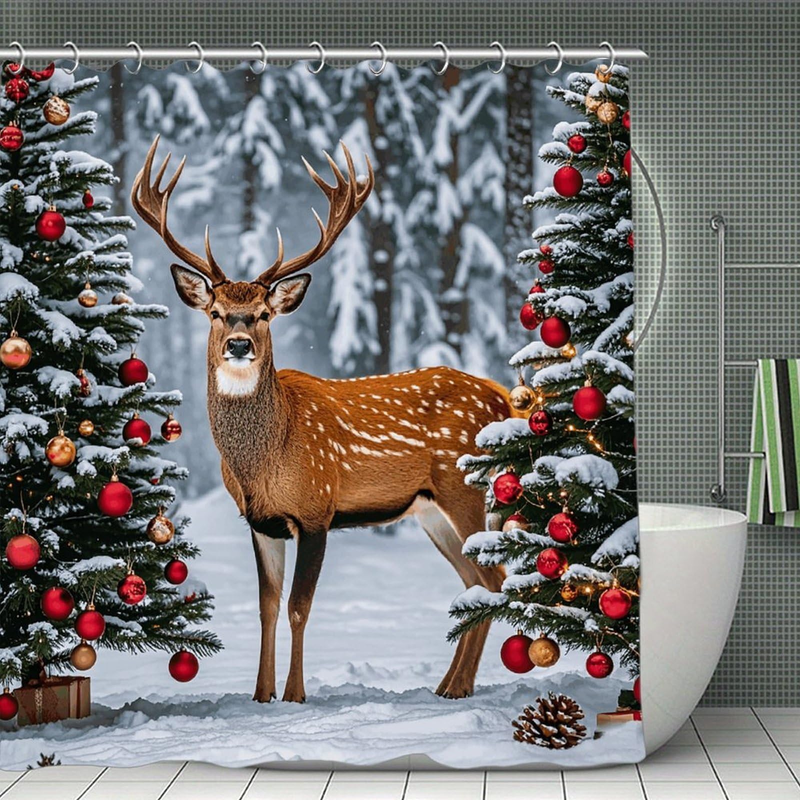 QMNLKH Cow Deer Trees Christmas Shower Curtain with Hooks, Waterproof Bath Curtains for Bathroom, Lightweight Bath Curtains Liner for Hotel, Personalized Bath Curtain for Spa, 70.8 Inch