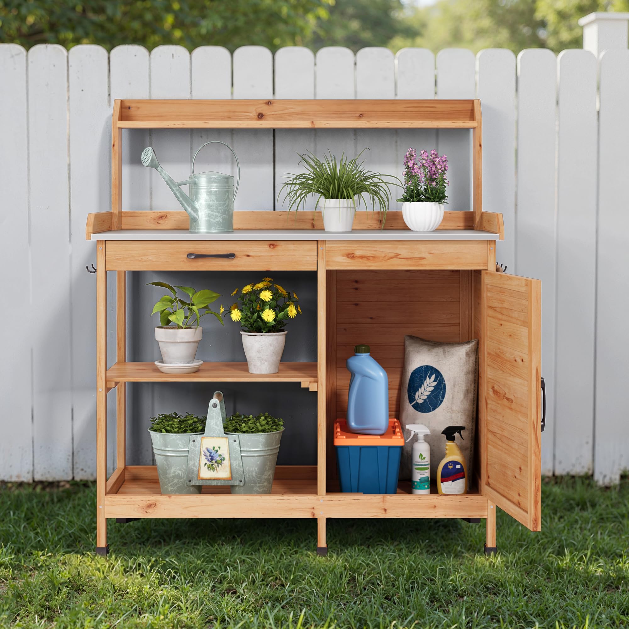 Blishom Table de Jardinage, Table de Plantation avec Tiroirs et Meuble Bas, Table de Travail de Jardin en Bois avec Plan de Travail Galvanisé, pour Jardin, Balcon, Terrasse, 112x46x125 cm, Naturel - 4