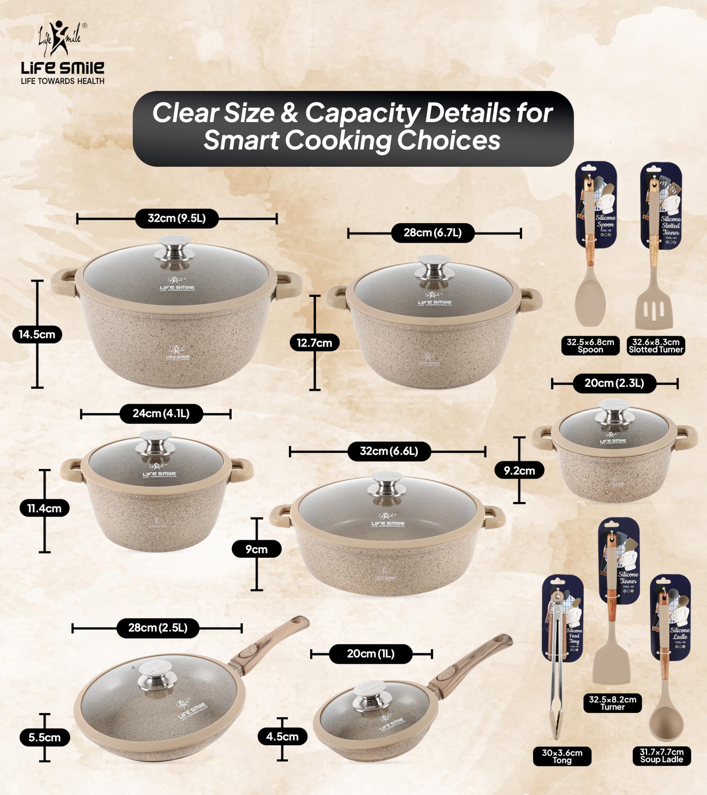 LIFE SMILE Cookware Set - Pots and Pans set Granite Non Stick Coating 100% PFOA FREE, Induction Base Cooking Set with Removable Silicone Handles - Oven Safe (Beige, 29 Pieces)