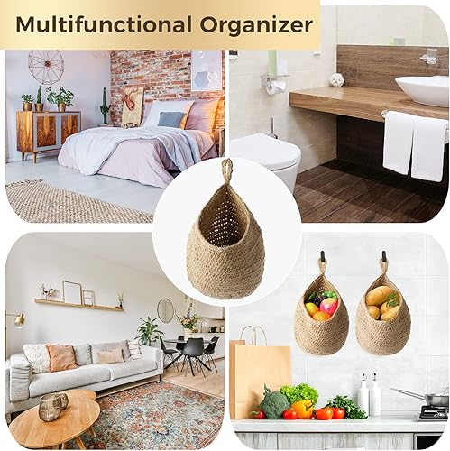 Miniatura 5 de 2 cestas de frutas colgantes de yute, cesta de cebolla en forma de lágrima para verduras, organizador de pared de yute hecho a mano, cesta de