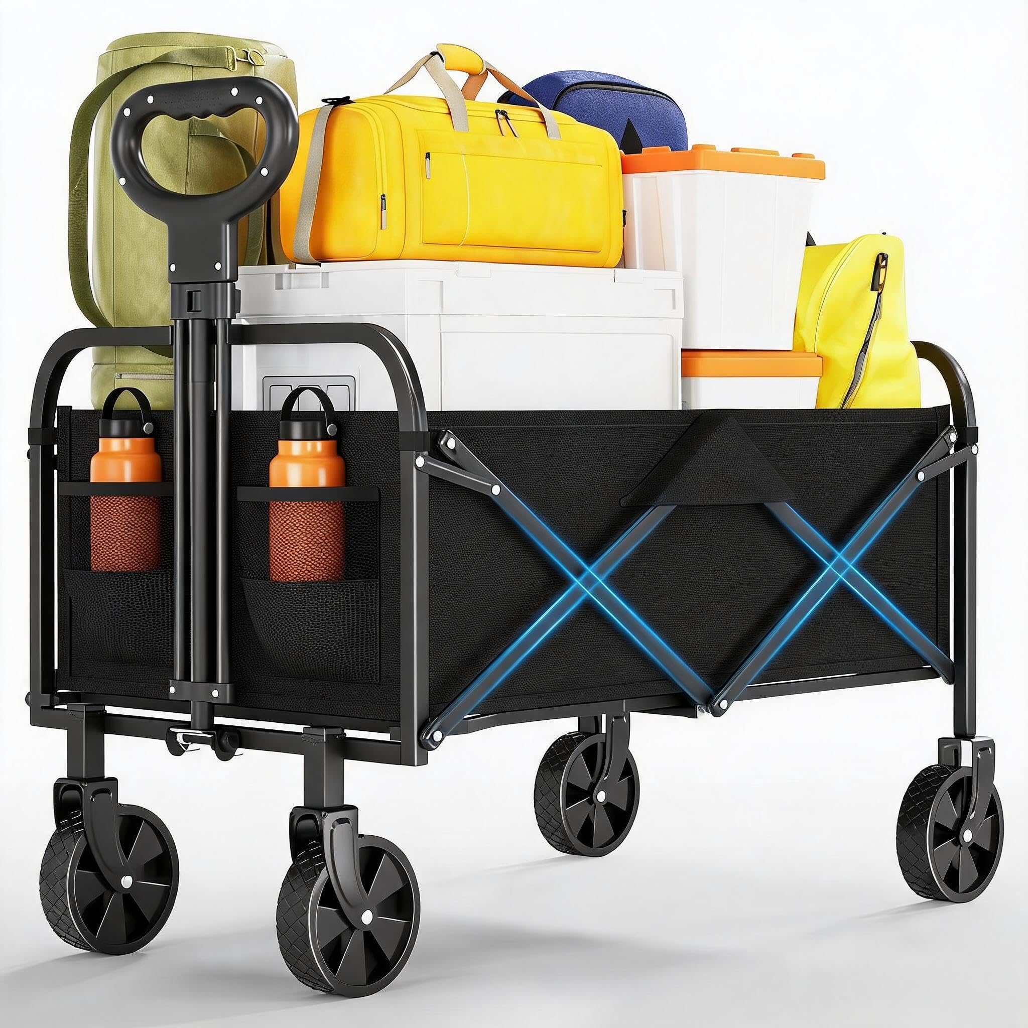 Chariot Pliable Plage 220L 172KG, Chariot de Plage Tout Terrain Léger 5.3KG, 4 Roues Pivotantes à 360°, Chariot de Transport avec Tissu Oxford 600D, Noir, pour Jardin, Courses, Sport, Camping