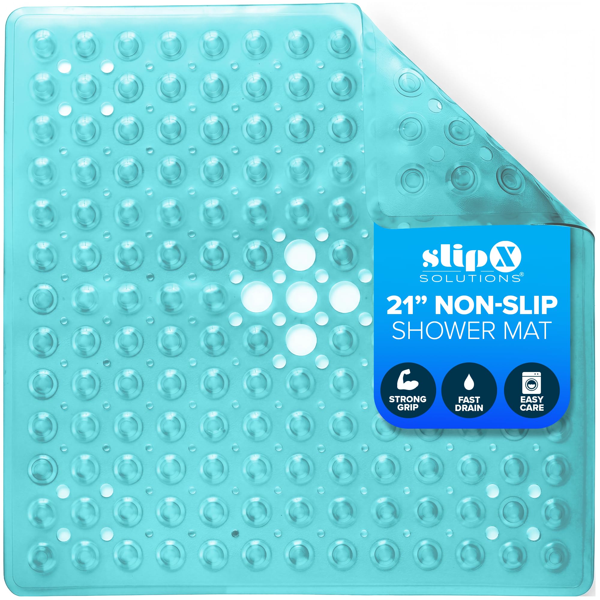 SlipX Solutions 21" Square Non Slip Shower Stall &amp; Bathtub Mat, Aqua