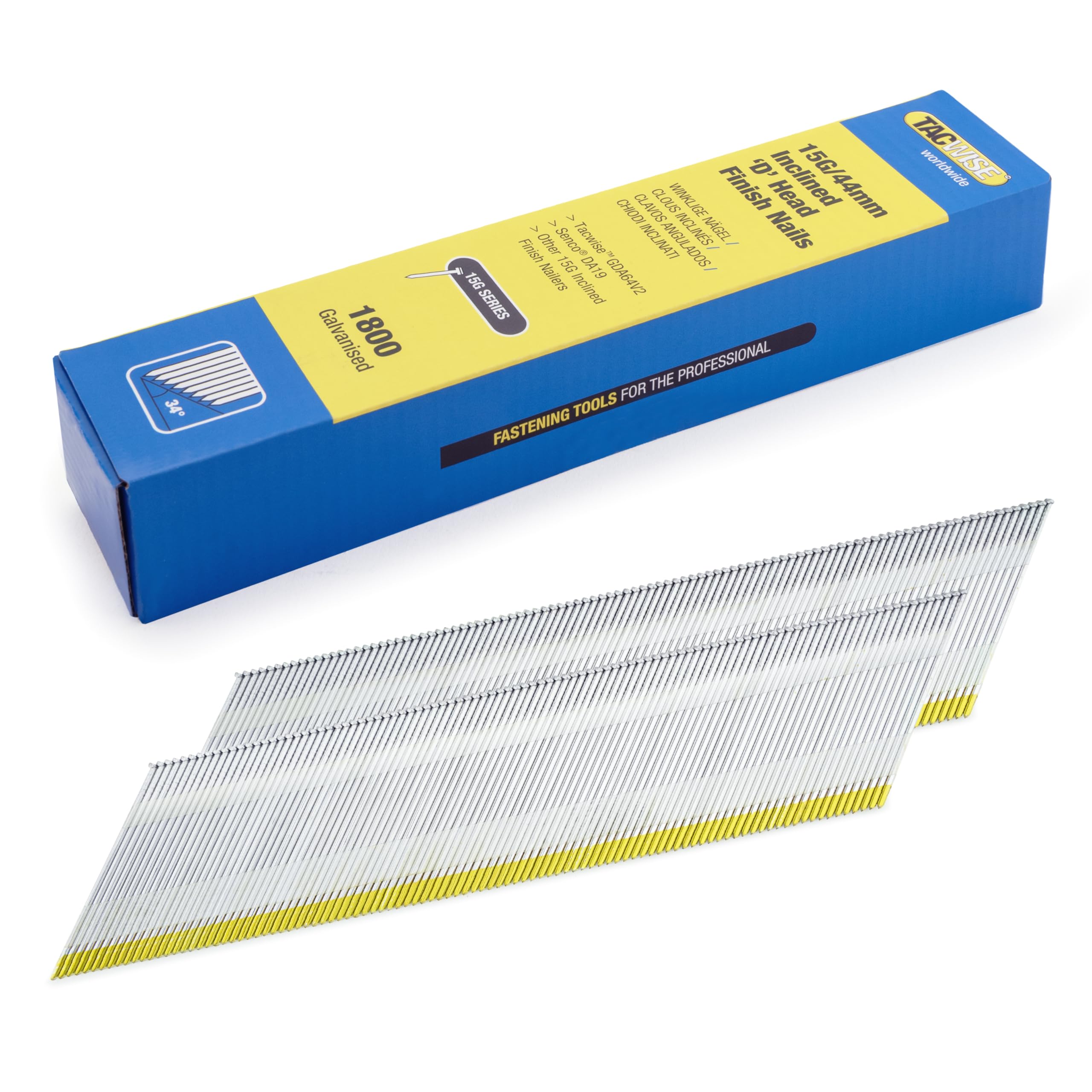 Tacwise 1834 Galvanised Angled Finish Nails, DA 15G / 44 mm, D Head, 1800