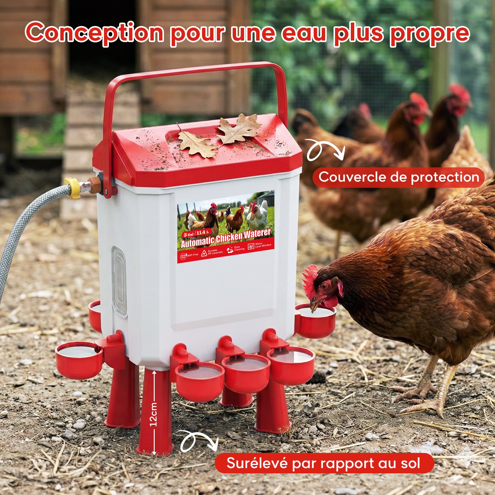 Bebedero Gallinas Automático 10 litros con Pies, 8 Cuencos, Flotador Filtrado Controlado