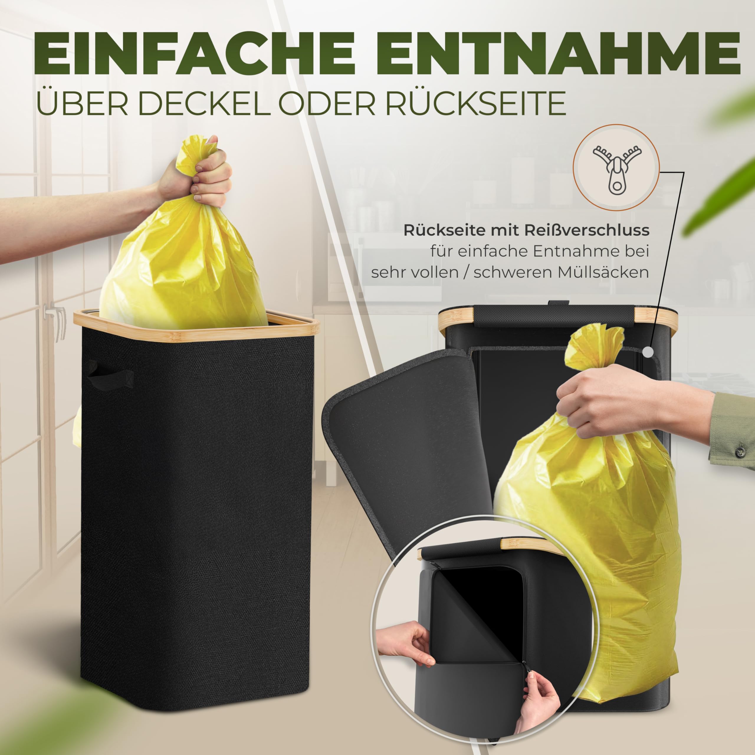 COTTARA® Gelber Sack Ständer Mülleimer mit Deckel Müllsackständer für Gelbe Säcke mit Bambusrahmen und Reißverschluss auf Rückseite, 60-120L Müllsystem Behälter für Recycling schwarz