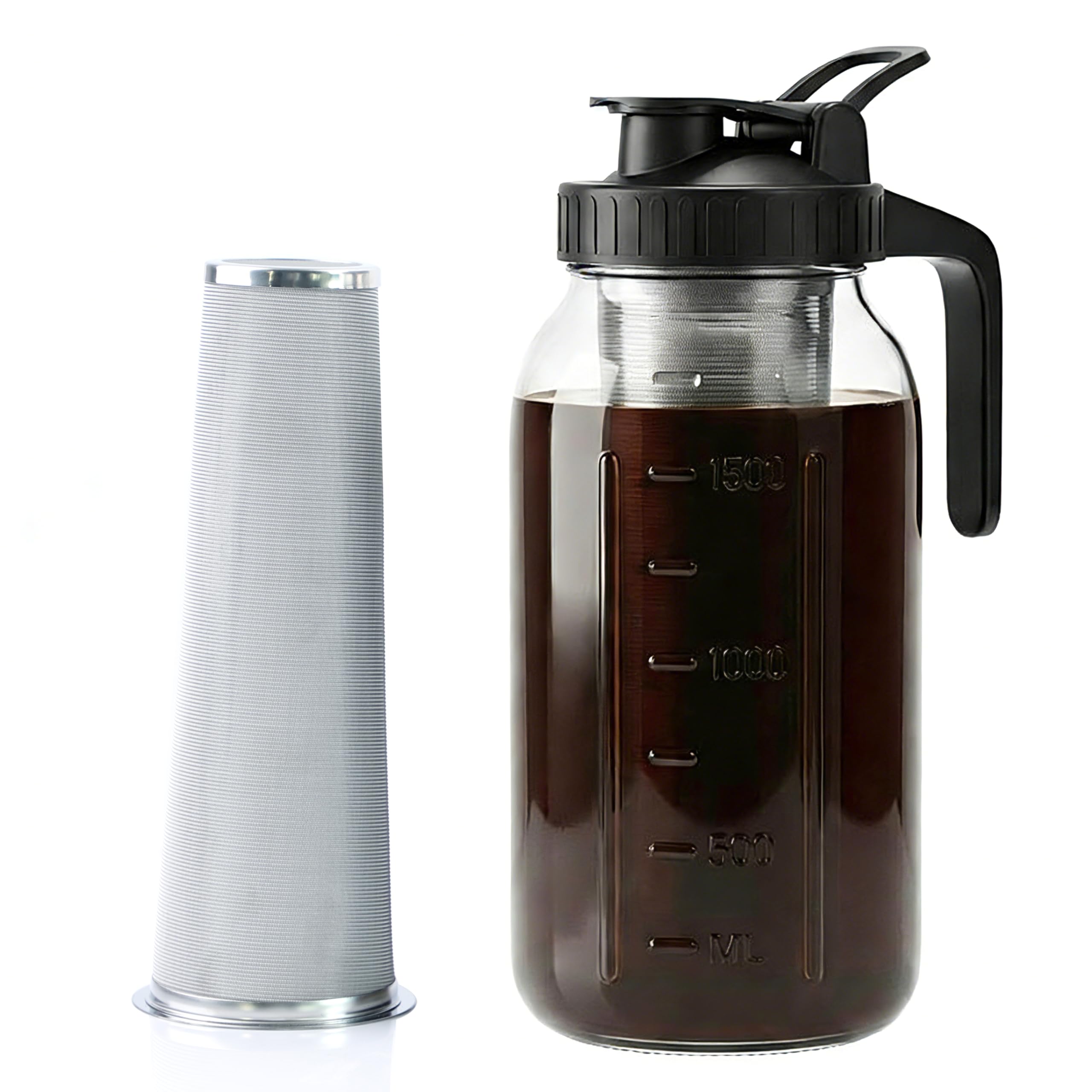 Cold Brew Mason Jar Kaffeemaschine, 1,8 l, breite Öffnung, Mason Cold Brew Krug mit Kaffeefilter, luftdicht und auslaufsicher, für Kaffee, Eistee