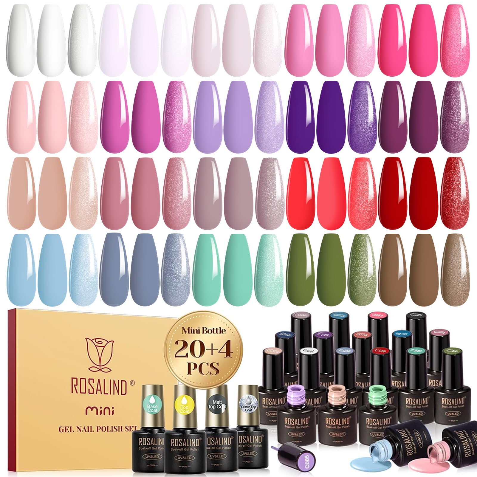 ROSALIND UV Nagellack Set, 24 Stück Gel-Nagellack Rosa Weiß Rot Lila Blau Grün Braun Farbgel Gelnägel,Soak-Off Mini Nagel Design Gel Nail Polish Geschenk