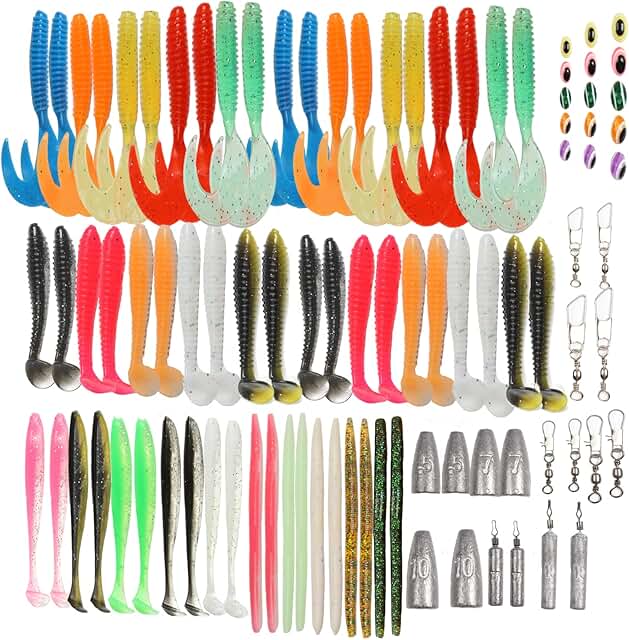 Youhot Fishing Lures Soft Bionic Bait 93PCS Set with Paddle Tail Swimbaits Worms Fishing Swivels & Snaps Weights Beads for...