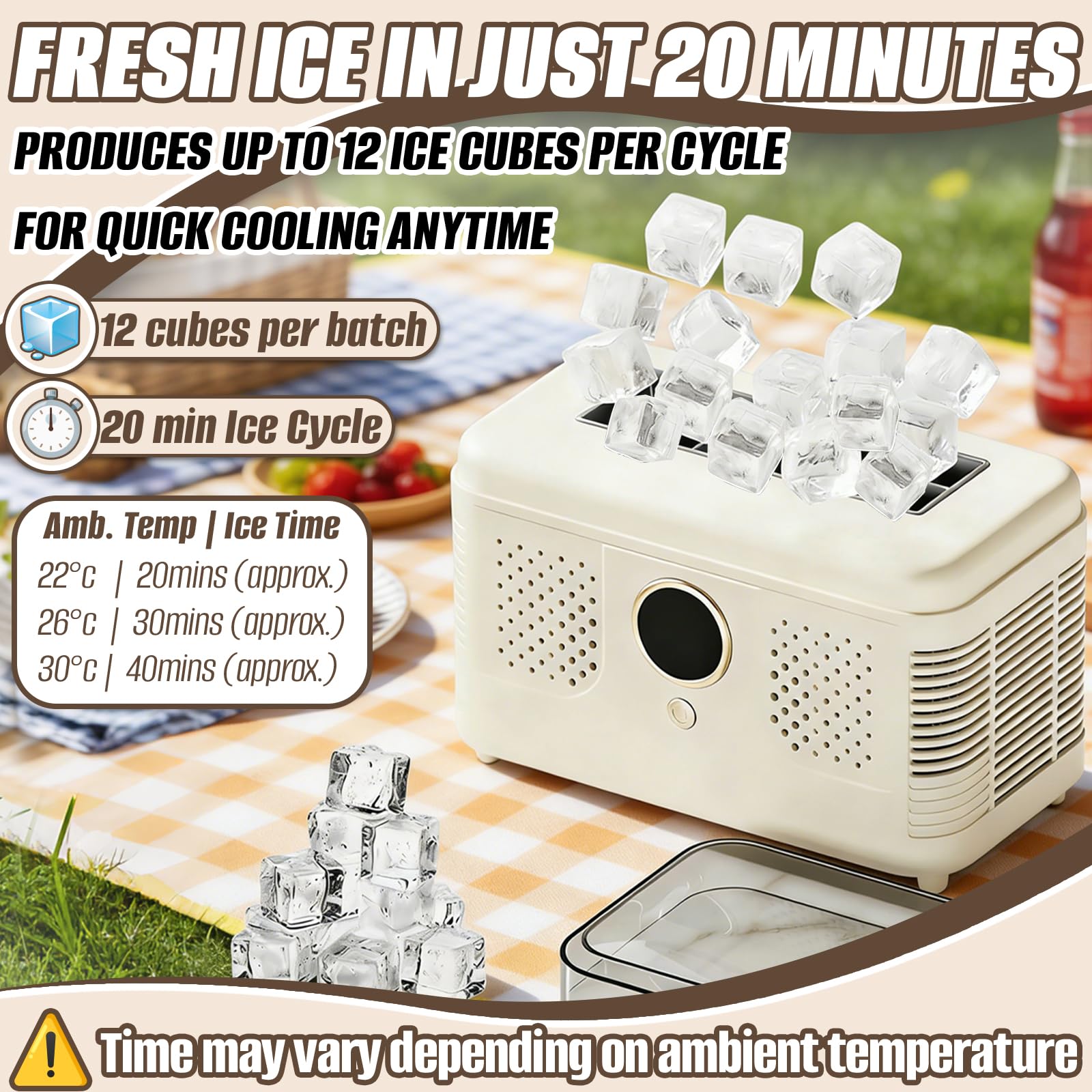 Tragbare Eiswürfelmaschine, 16 Eiswürfel Tisch Eisbereiter, Schnell in 15–20 Min, Hohl- & Volleis wählbar, 12V/220V für Auto & Zuhause, Kompakte Eismaschine für Reisen, Camping & Partys