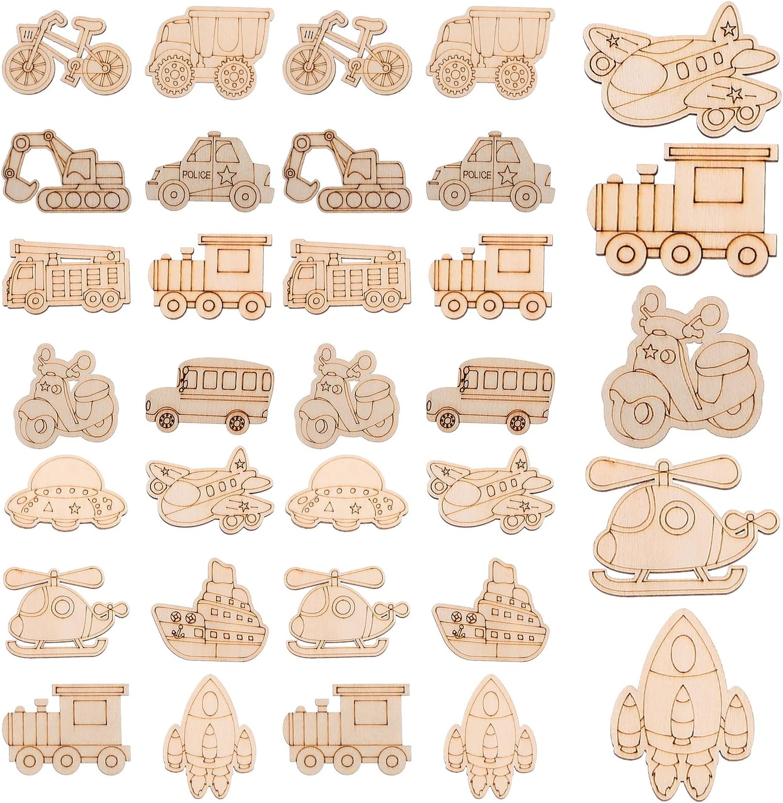 VILLCASE Truck Wood Cutouts, 50pcs Truck Unfinished Wood Slices Transportation Shaped Wooden Crafts Unpainted Cutout Blank Car Vehicle Bicycle Excavator Helicopter Cutout for Painting
