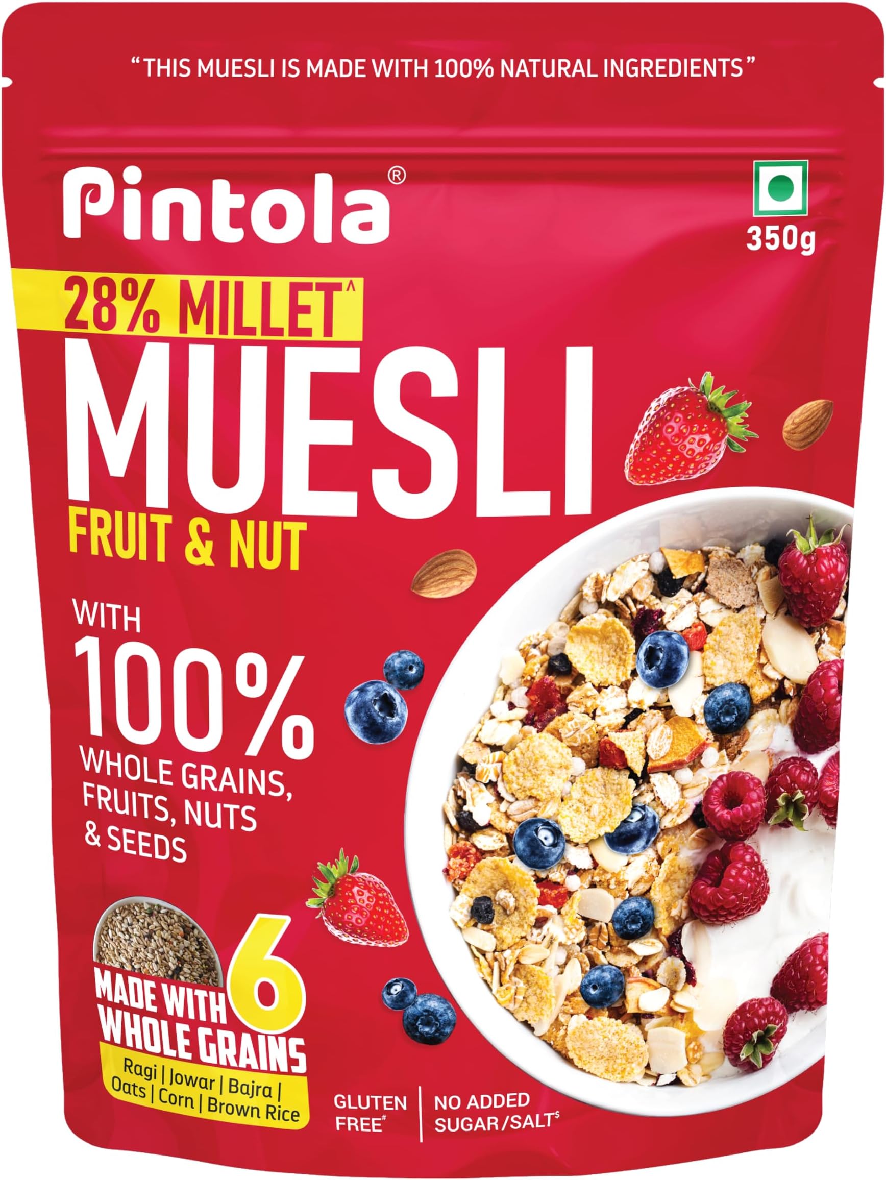 Pintola Fruit & Nut Muesli with 28% Millet & 68% Wholegrains, Fruity Breakfast cereal with 6 nuts, dried fruits & Dates, No Preservatives, No added sugar (350g (pack of 1))