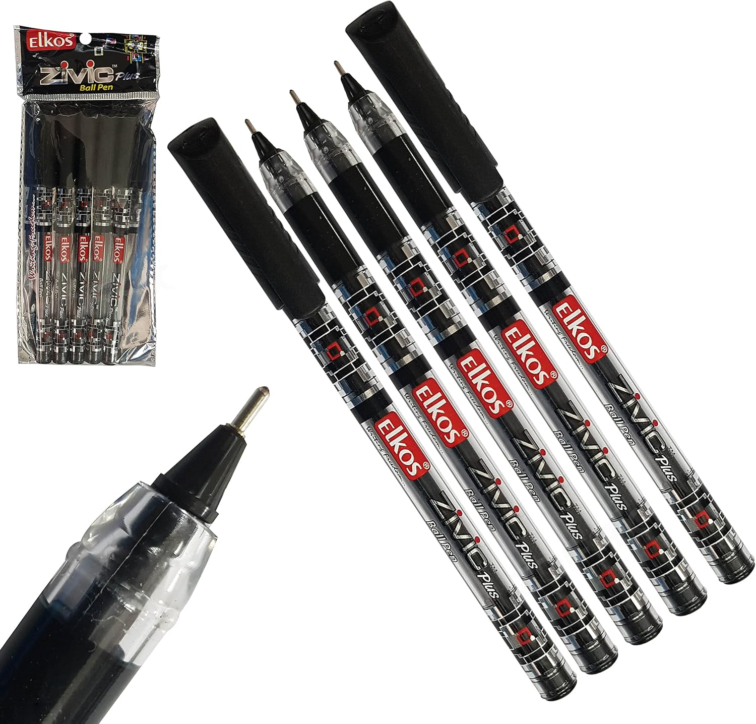 ELKOS BLACK Ballpoint Pens, 0.7mm Fine Point, Pack of 5, ZivicXtra Ball