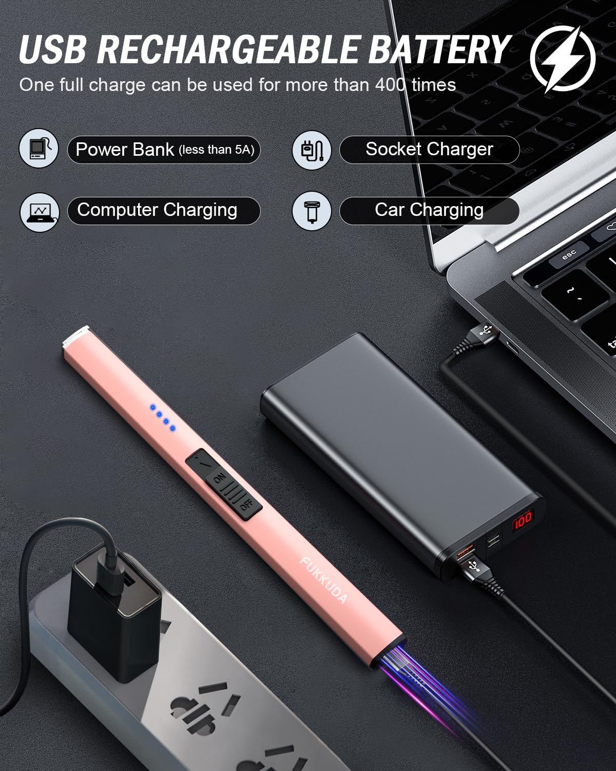 FUKKUDA Electric Candle Lighter with Safety Switch - USB Rechargeable Windproof & Flameless Plasma Arc Lighter, Stocking Stuffers for Him or Her (Obsidian Black): Rose Gold Standard