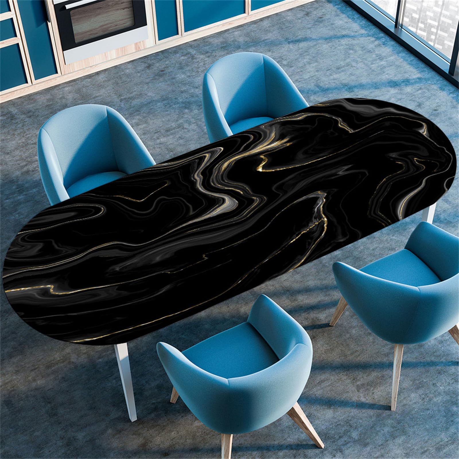 Treer Marble Print Oval Fitted Tablecloth, Antifouling Table Cloth Wipe Clean Tablecloth,Tablecloths with Elastic Edge,for Kitchen Dinning Outdoor Oval Tablecloth (114x142cm/45 x56,Black)