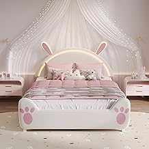 Upholstered Kids Bed, 140 x 200 cm, LED Lighting, Double Bed Frame with Box Spring, Princess Bed with Rabbit Headboard for Bedroom, Velvet Fabric, White (White-C, 140