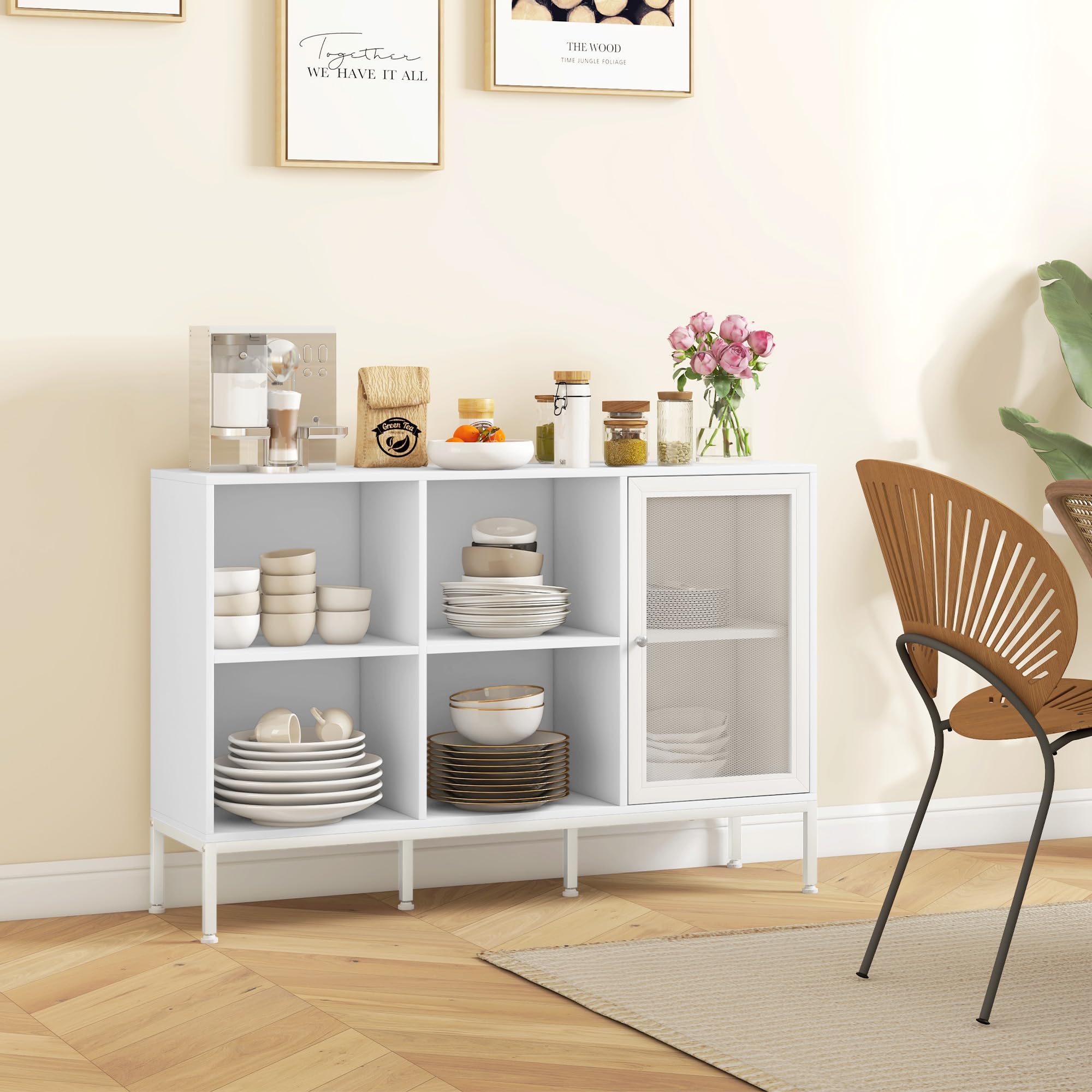 HOMCOM Mobile Buffet Credenza 4 Ripiani Regolabili 120x37x81.5 cm Bianco | Armadietto con Anta a Rete, Ripiani Aperti, Mobile Contenitore, Truciolato e Acciaio