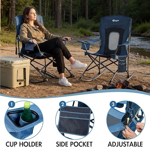 Miniatura 7 de Portal Mecedora para exteriores, plegable, portátil, con soporte para tazas, bolsa de transporte con bolsillo lateral, soporte de 350 libras (azul 1