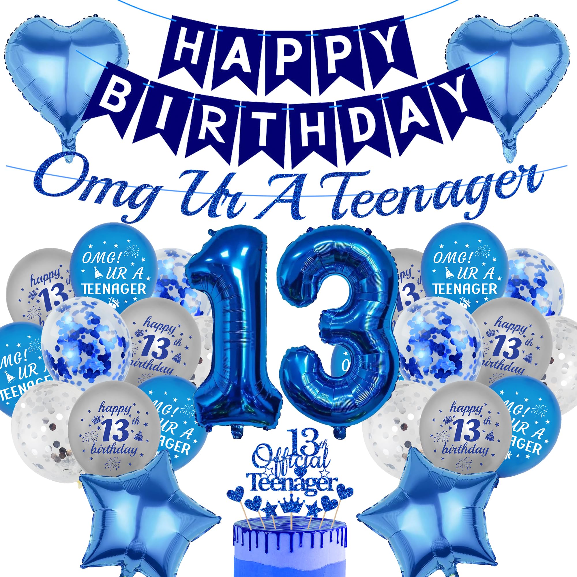 13th Birthday Decorations Ballons Boys - 28 Pcs Blue Happy Birthday Banner Omg Ur A Teenager Number 13 Foil Balloons Cake Topper for 13 Year Old