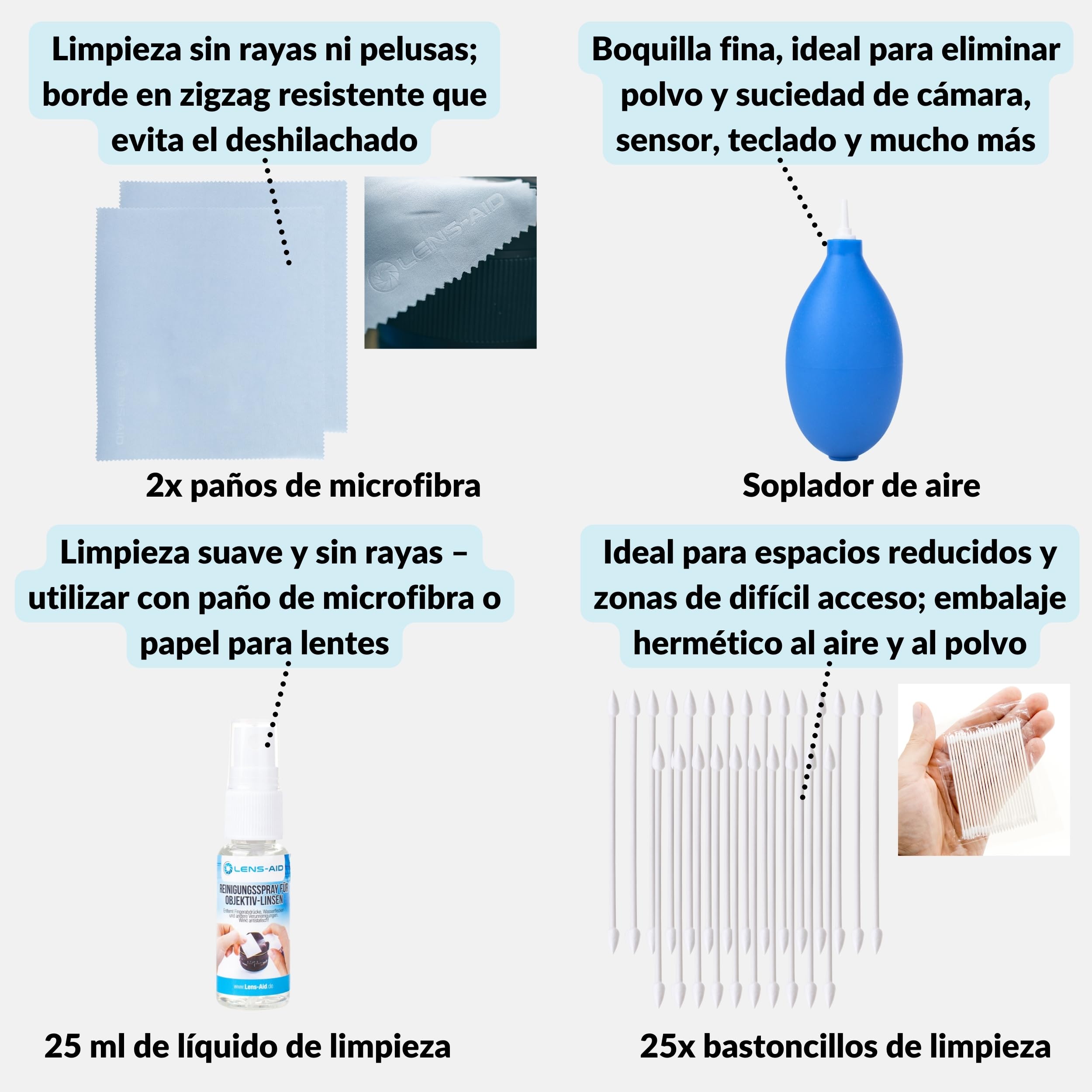 Lens-Aid Kit Limpieza cámara 8 en 1 – Set con Fuelle, Cepillo, lápiz, paños, líquido y más – Ideal para Objetivos, sensores, filtros y Pantallas – Regalo para fotógrafos