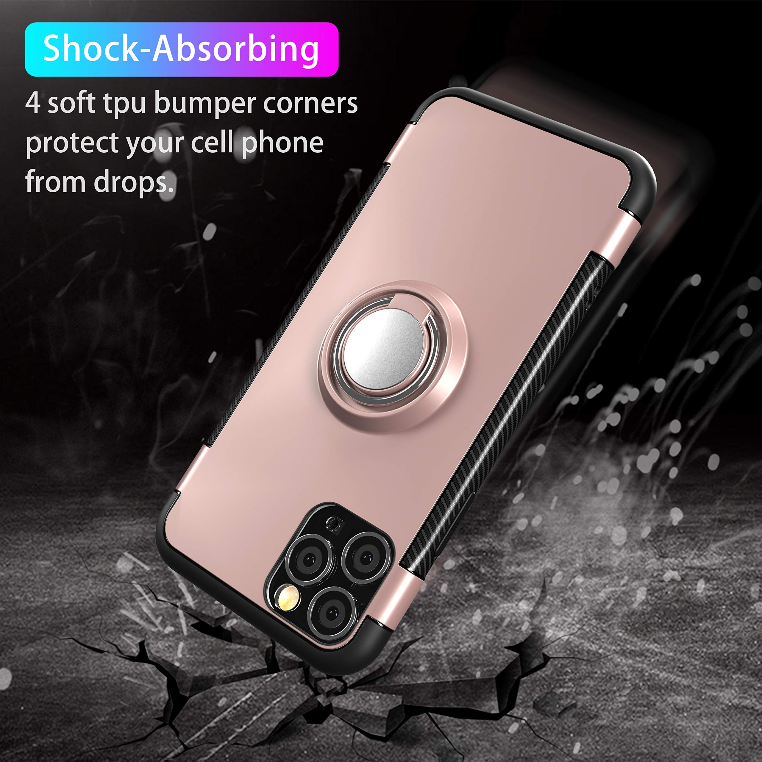 UEEBAI IPhone 11 Pro Hülle Mit Drehbarem Ringhalter – Ultra Dünn, Stoßfest, Panzer-Design, Roségold