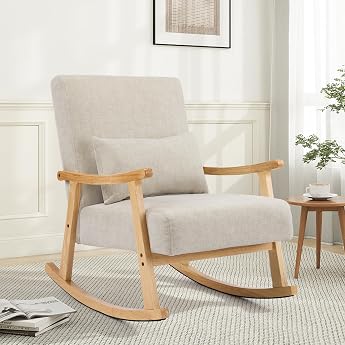 Mid-Century Modern Rocking Chair Rocking Chair with Lumbar Cushion Padded Nursing Chair with Wooden Armrests & Wooden Legs Comfortable Chair for Living Room Bedroom & Baby Room Grey