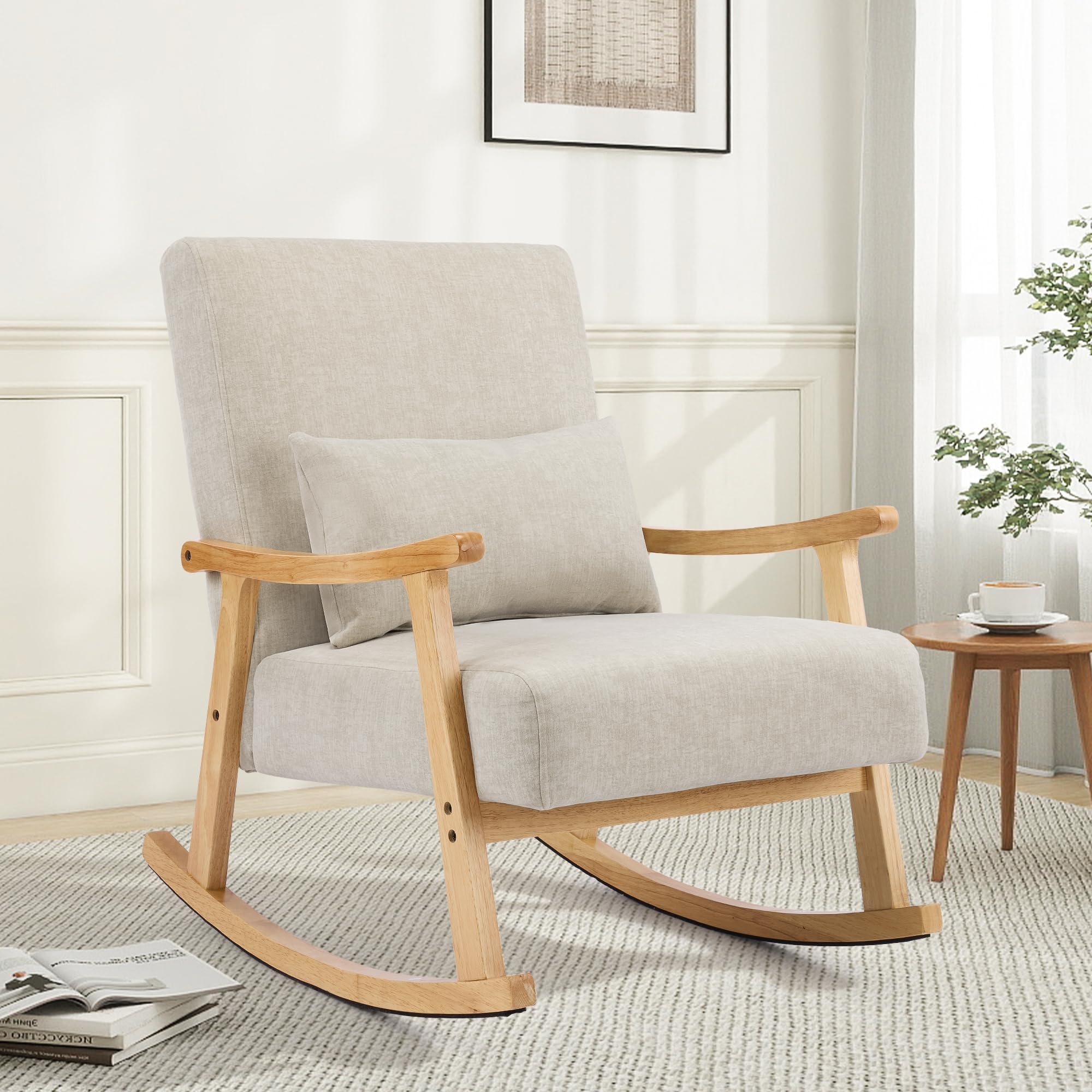 Mid Century Modern Rocking Chair with Lumbar Pillow, Upholstered Nursery Glider Chair Rocker, Solid Wood Frame Nursing Chair for Bedroom Living Room Small Space, Grey