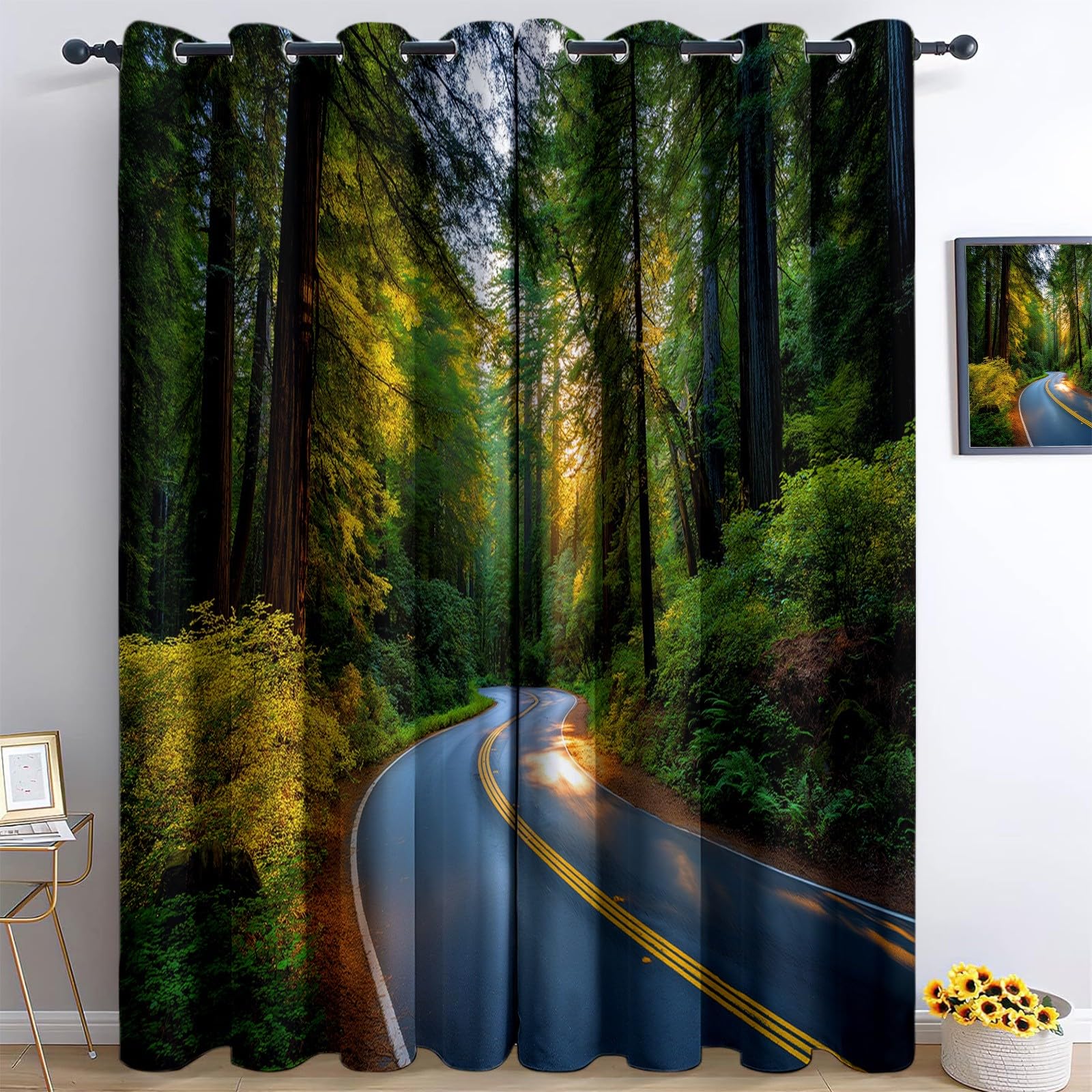 Verdunklungsvorhänge Wald Bäume Kinderzimmer Vorhänge Blickdicht, Dunkelgrün Thermovorhang mit Ösen, für Schlafzimmer Fenster & Balkon Landschaft Dschungel - 110 x 215 cm (2er Set)